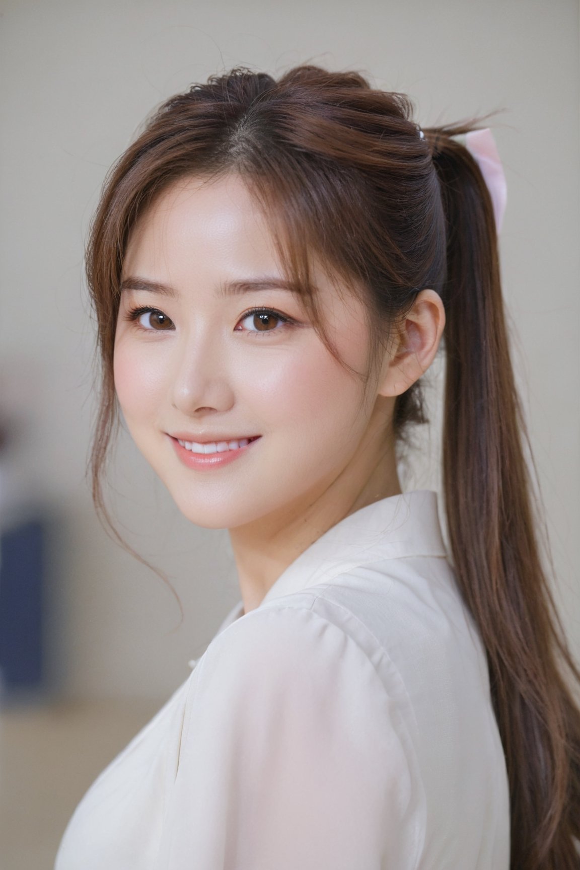 1girl,solo,long hair,looking at viewer,blush,smile,brown hair,brown eyes,ponytail,heart,portrait,Korean