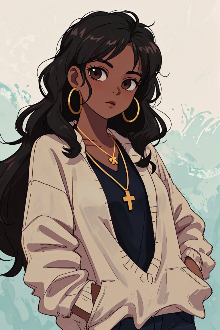 (best quality, 4k, 8k, highres, masterpiece:1.5), ultra-detailed,anime, 1girl,solo,long hair,looking at viewer,black hair,brown eyes,jewelry,upper body,earrings,dark skin,necklace,sweater,dark-skinned female,lips,cross,curly hair,hoop earrings,hands in pockets,black sweater,cross necklace,big hair,very dark skin,fashion