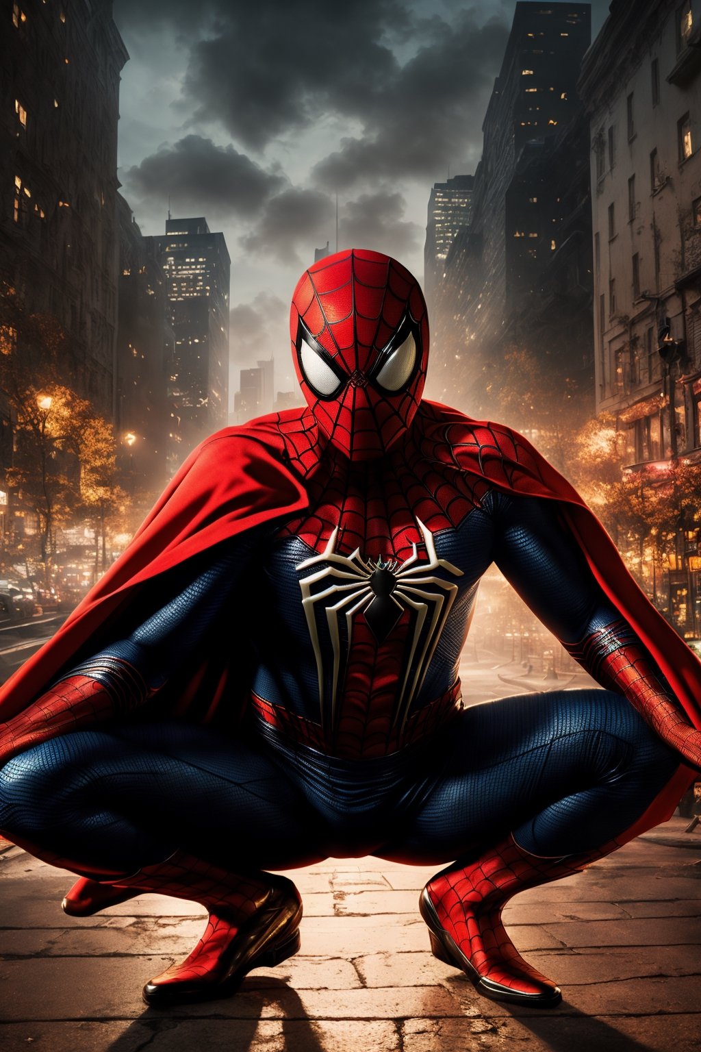 A breathtaking 8K photorealistic concept art masterpiece, (Spiderman in a striking black and red suit, unmasked, with a crimson cape billowing gracefully:1.3), Against a highly detailed night cityscape, captured with perfect composition and sharp focus, (A cinematic vision of artistry:1.3), Bathed in soft, natural volumetric lighting, the chiaroscuro effect enhancing the intricate details of the suit, (A true award-winning photograph:1.3)