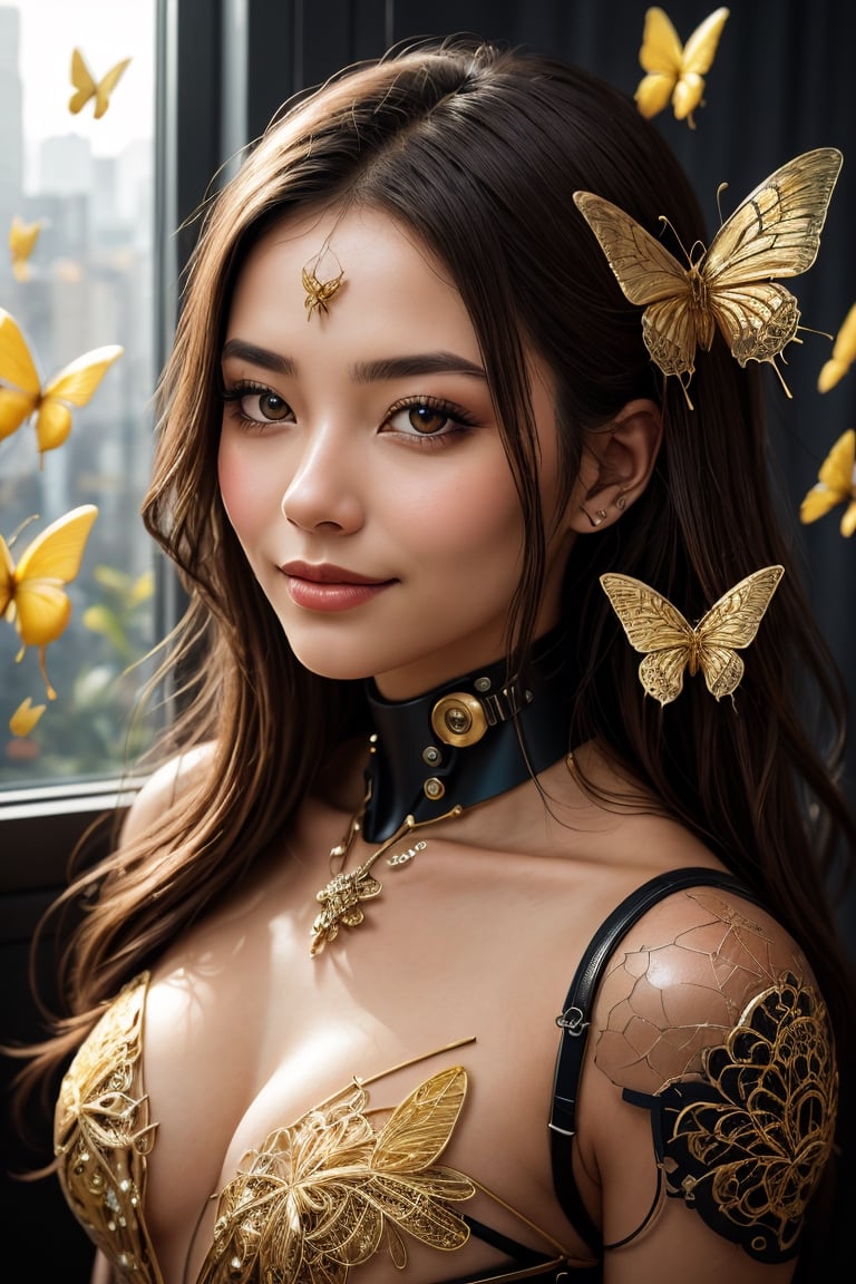 A (highly detailed, elegant) portrait that seamlessly combines elements of digital photography and surreal painting. The subject is a beautiful cyborg with (intricate, majestic) features and brown hair. cute smile, Her cybernetic enhancements are adorned with a (golden butterfly filigree) that adds an element of mystique. The scene is set against a backdrop of (broken glass), creating a unique and captivating blend of beauty and surrealism.