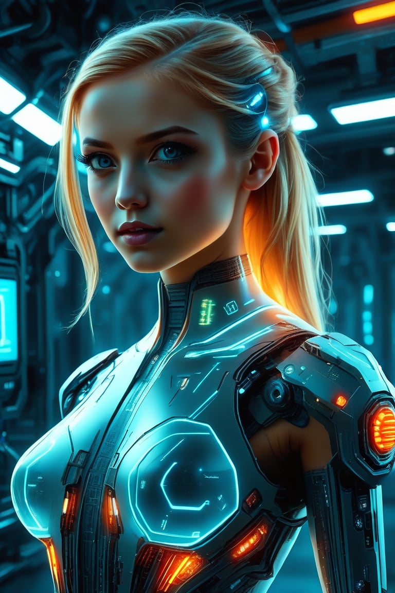 A futuristic, cinematic close-up of a female android with a transparent, illuminated body, showcasing intricate mechanical and glowing circuitry. The android has a serious expression, and her blonde hair is styled loosely. The scene is set in a dark, industrial environment with cool blue and orange lighting, emphasizing the glowing inner components and the high-tech, cybernetic design.