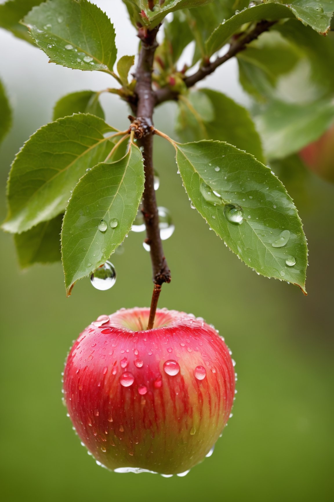 Capture an exquisite macro photograph of an (apple) tree bearing a single (apple), showcasing a (water droplet) in breathtaking detail. The shot should emphasize the (close-up) beauty of nature, with a (sharp focus) and a (high-definition resolution), offering viewers a glimpse into the intricate world of this apple tree and its glistening fruit.