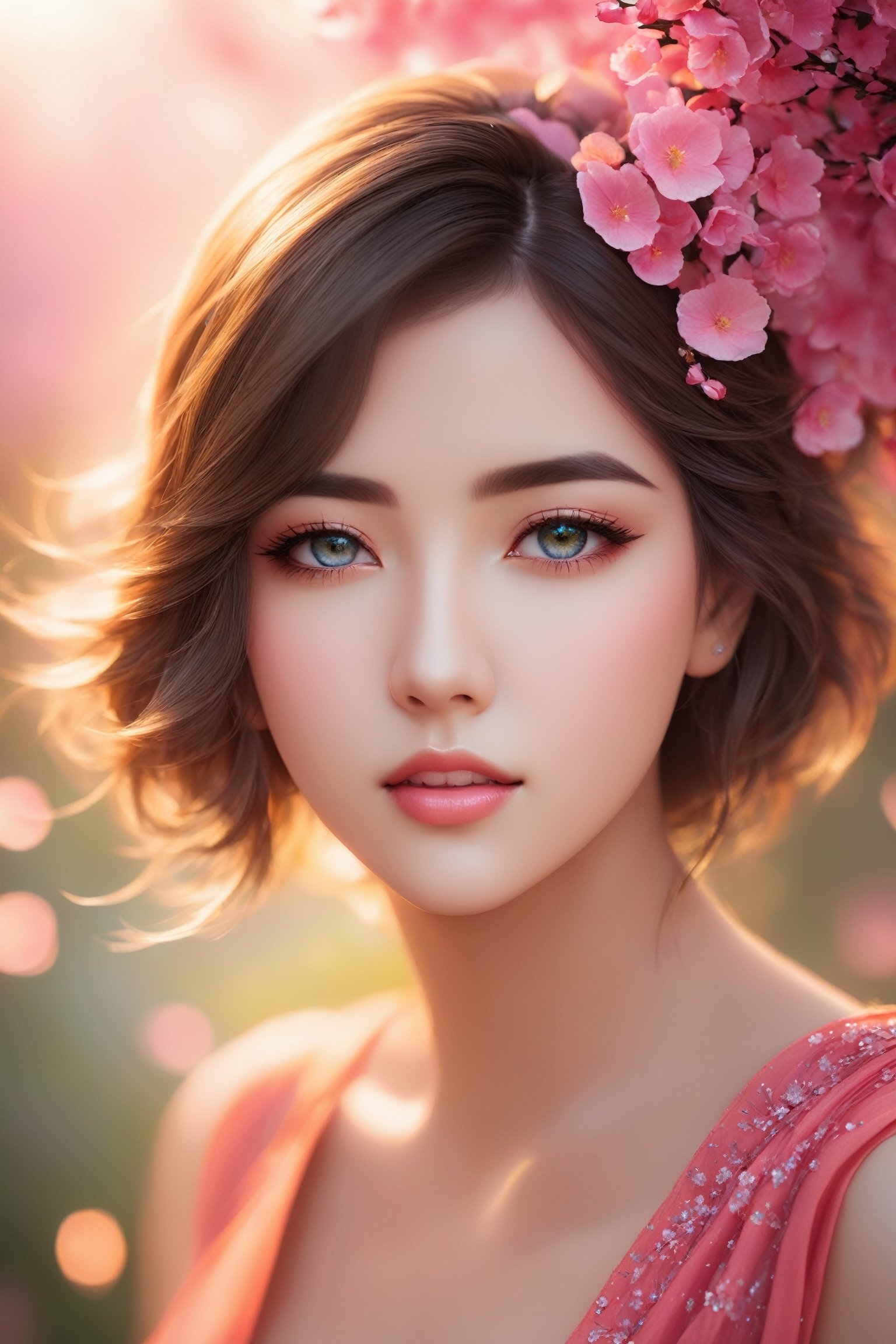 best quality,ultra-detailed,highres,realistic,extremely detailed eyes and face,beautiful detailed eyes,beautiful detailed lips, longeyelashes,1girl,short-hair,hair fluttering in the wind,facing to the side,look up at your face,eyes closed,(sleeveless:1.1),skirt,D cup breasts,countless petals are falling,portraits,vivid colors,soft lighting,bokeh