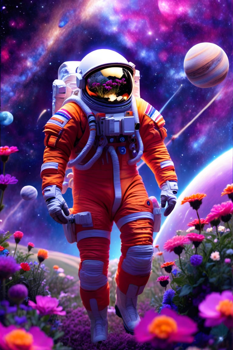 an astronaut in an orange space suit is walking through a field of flowers with planets and stars behind him,outer space