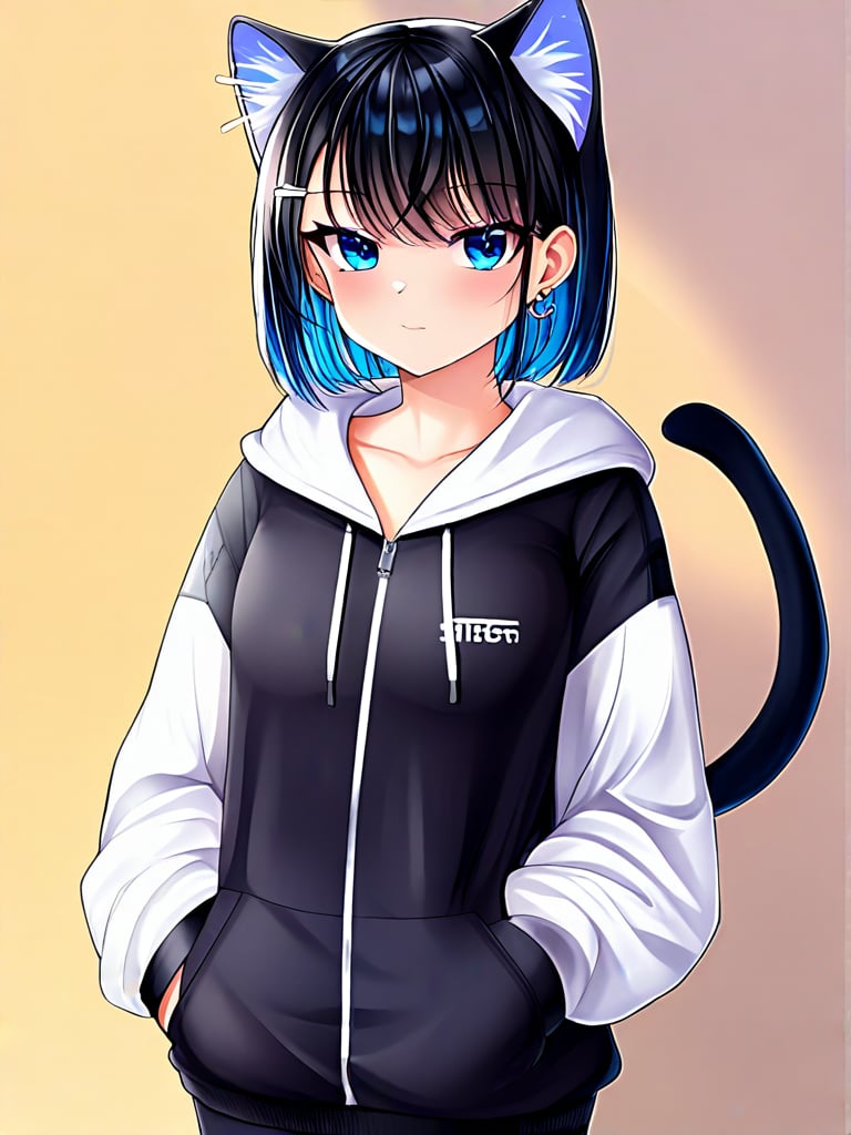 1girl, solo, looking at viewer, blue eyes, shirt, black hair, long sleeves, hair ornament, animal ears, closed mouth, jewelry, jacket, collarbone, tail, white shirt, multicolored hair, earrings, hairclip, hood, cat ears, black jacket, animal ear fluff, cat tail, cat girl, extra ears, hooded jacket, colored inner hair, hands in pockets
