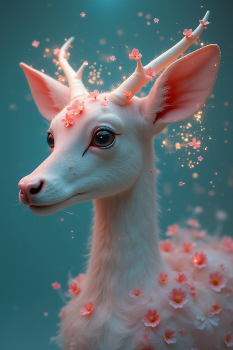 A surreal scene features a humanoid deer with glowing antlers, surrounded by delicate flowers and radiant light. The main subject has large, expressive eyes, with ethereal, wispy fur and petals woven into its hair. Soft hues of pink, teal, and coral blend seamlessly, creating a dreamlike ambiance. Tiny glowing particles float around, enhancing the otherworldly effect. The background is a gradient of deep turquoise, sprinkled with additional floral elements and subtle, magical sparkles.