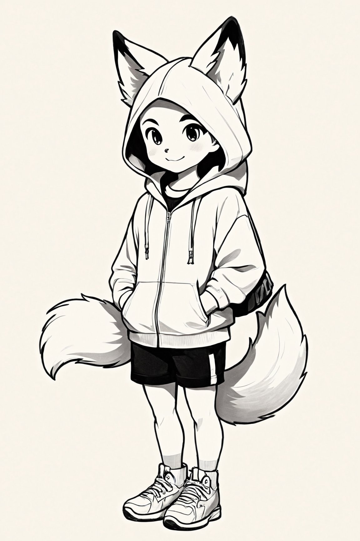 Manga style illustration, line art, pencil art, solo,looking at viewer,blush,smile,short hair,simple background,long sleeves,1boy,white background,animal ears,tail,monochrome,full body,male focus,shoes,shorts,hood,animal ear fluff,sleeves past wrists,fox ears,hoodie,:3,fox tail,sneakers,fox boy