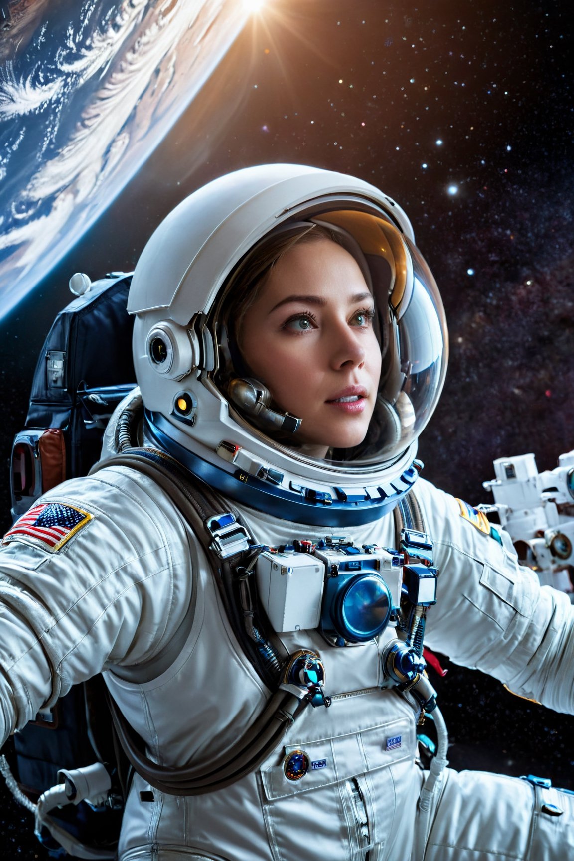 (best quality,4k,8k,highres,masterpiece:1.2),ultra-detailed,(realistic,photorealistic,photo-realistic:1.37),female astronaut,futuristic spacesuit,astronaut helmet,exploration spaceship,grandiose cinematic,outer space backdrop,vivid colors,studio lighting,sharp focus,physically-based rendering,detailed technology equipment,huge glass dome,technological advancements,high-tech control panels,zero-gravity environment,awe-inspiring view of Earth,floating astronaut,star-studded background,cosmic rays,interstellar journey,otherworldly experience,serene and majestic,adventurous and courageous,brilliant vision of the future,lunar exploration,galactic expedition,stellar discovery,ethereal colors,sublime beauty,humanity's triumphant spirit,endless possibilities,luminous celestial bodies,spectacular celestial landscape,inspiring and empowering.