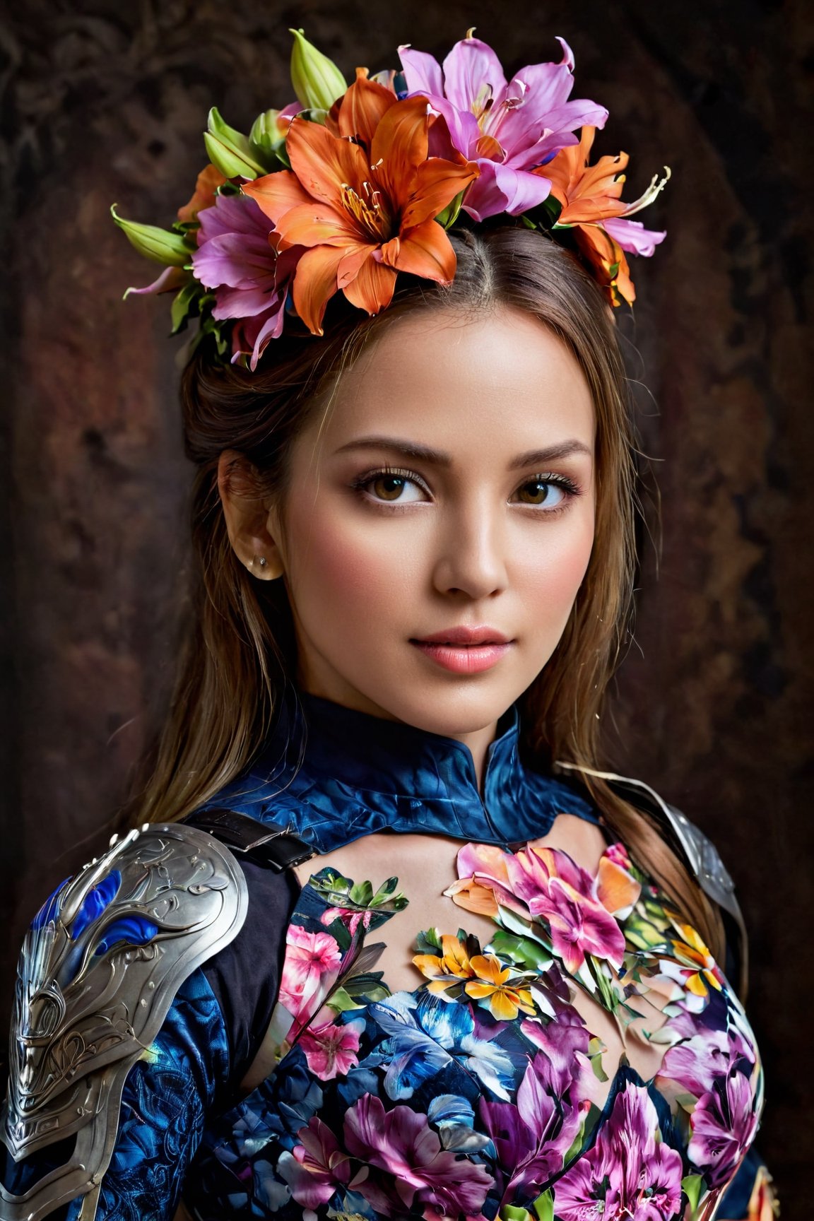 (best quality, realistic, high-resolution), colorful portrait of a woman with flawless anatomy. She is wearing a stunning flower dress that compliments her vibrant personality. Her skin is extremely detailed and realistic, with a natural and lifelike texture. The background is dark, which creates a striking contrast to the colorful flowers adorning her armor. The flowers on her armor represent her strength and beauty. The lighting accentuates the contours of her face, adding depth and dimension to the portrait. The overall composition is masterfully done, showcasing the intricate details and achieving a high level of realism.,Realistic