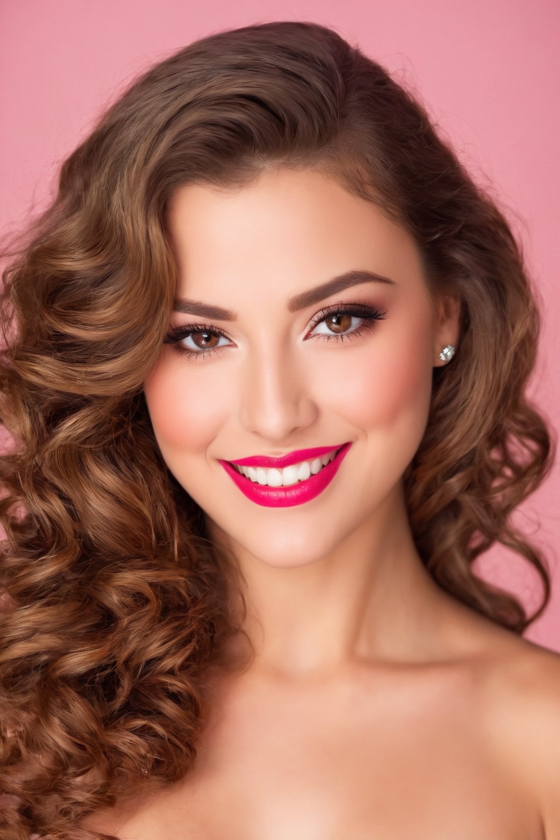 (best quality, highres), sexy woman, cute smile, detailed eyes, detailed lips, loose wavy hair, rosy cheeks, flawless skin, vibrant personality, alluring gaze, pin-up style makeup, stunning beauty, feminine charm, radiant smile, sultry expression, confident posture, portrait, soft lighting, vivid colors