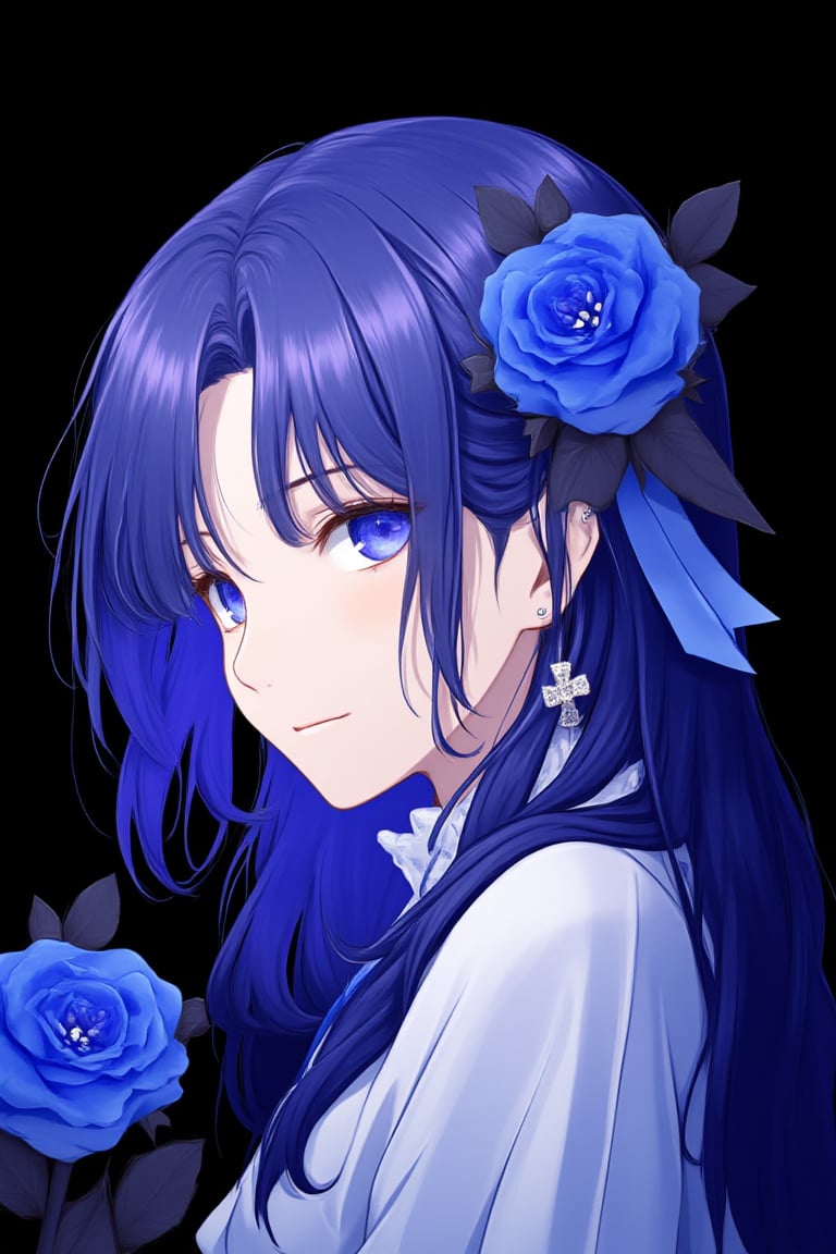 1girl,solo,long hair,looking at viewer,smile,bangs,blue eyes,simple background,jewelry,closed mouth,blue hair,upper body,flower,multicolored hair,earrings,from side,profile,rose,piercing,cross,black background,ear piercing,blue flower,blue theme,colored inner hair,sideways glance,blue rose,niji style