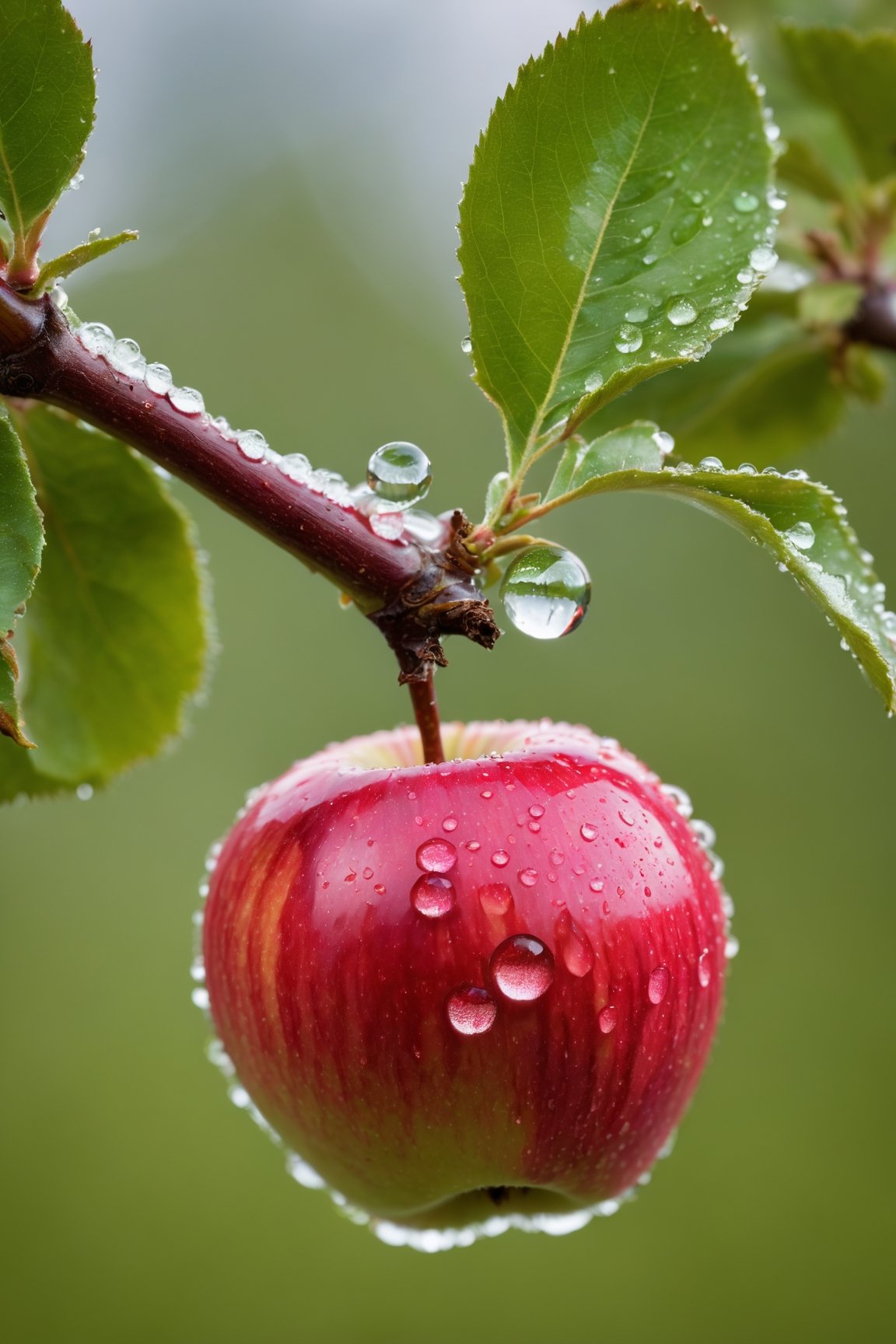 Capture an exquisite macro photograph of an (apple) tree bearing a single (apple), showcasing a (water droplet) in breathtaking detail. The shot should emphasize the (close-up) beauty of nature, with a (sharp focus) and a (high-definition resolution), offering viewers a glimpse into the intricate world of this apple tree and its glistening fruit.