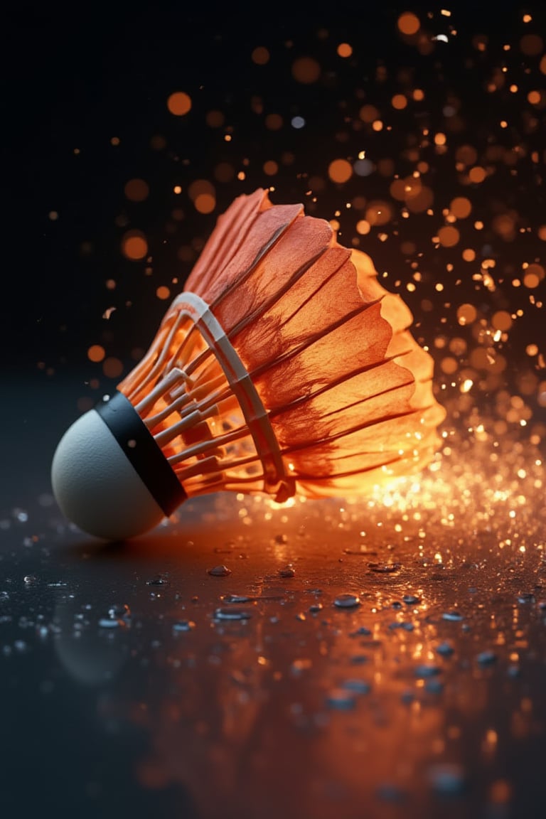 A badminton shuttlecock, captured mid-motion, appears to be glowing with vibrant orange and yellow sparks, creating a sense of dynamic energy. The texture of the feathered skirt contrasts with the smooth, white cork base. The background features a dark, out-of-focus area with scattered, shimmering particles enhancing the sense of movement. The floor is speckled with reflective droplets, adding to the dynamic and vibrant atmosphere.