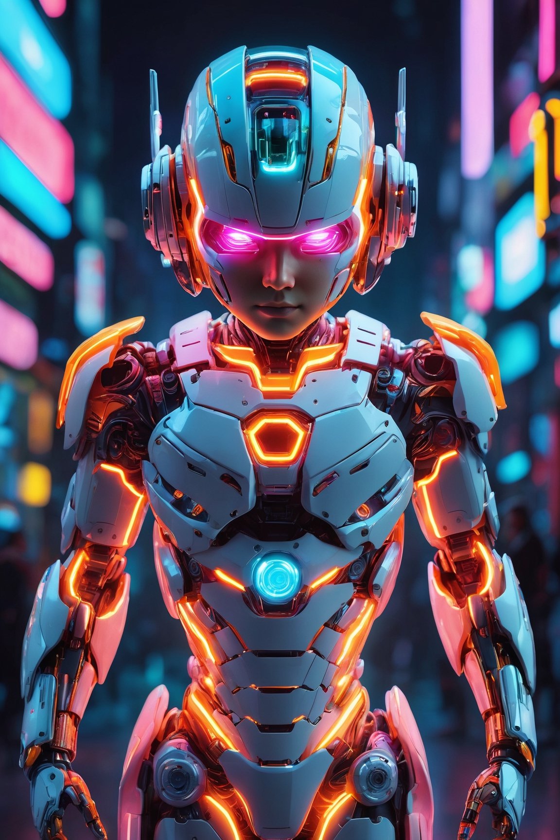 (best quality,8K,highres,masterpiece), ultra-detailed, (3D cyborg), cute and tiny boy rendered in 3D, transformed into a cyborg with neon glowing body parts. The boy's mechanical enhancements are adorned with vibrant colors, creating a visually stunning and colorful appearance. Each detail of the cyborg's design is meticulously crafted, from the intricacies of the mechanical components to the luminous glow of the neon lights. The overall composition exudes a sense of playfulness and wonder, inviting viewers into a futuristic world where technology and creativity collide in a mesmerizing display of artistry.