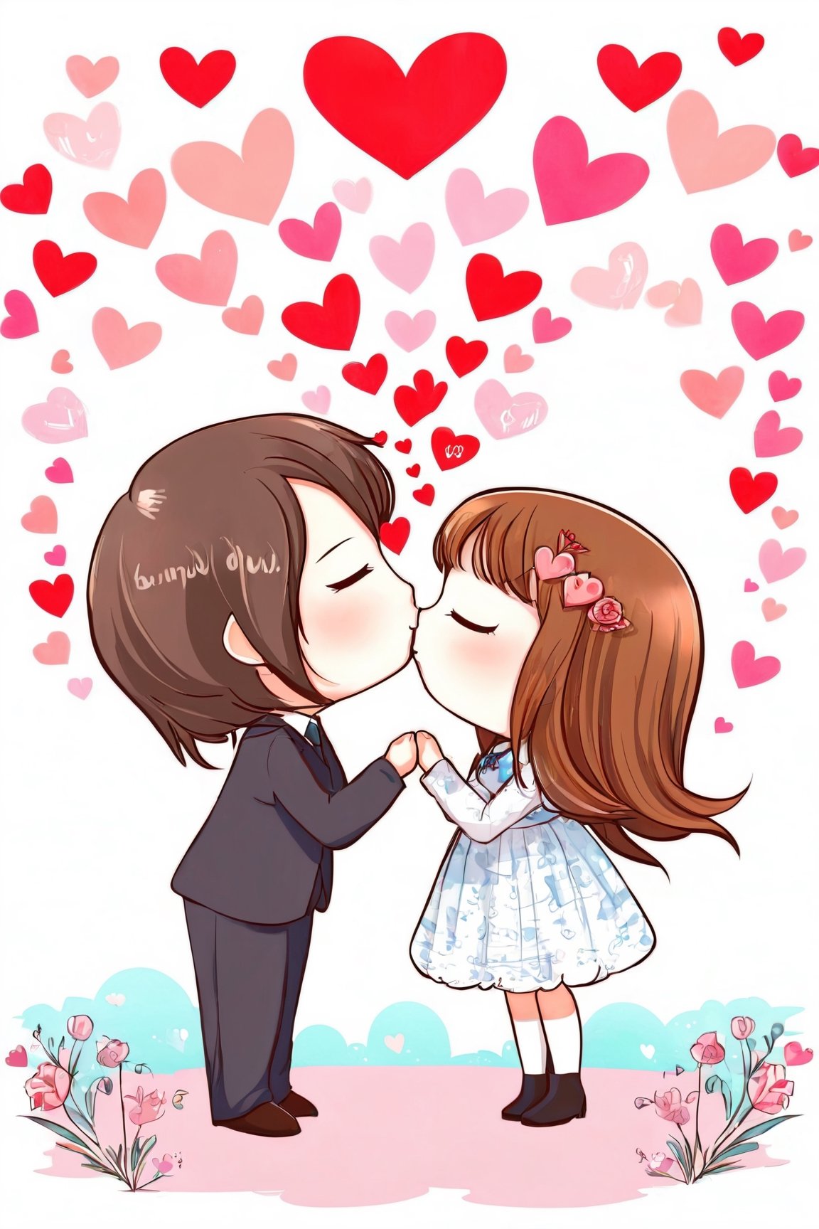 AiArtV,Valentines Day, 1girl,long hair,blush,short hair,brown hair,1boy,dress,closed eyes,hetero,heart,chibi,holding hands,aged down,couple,kiss