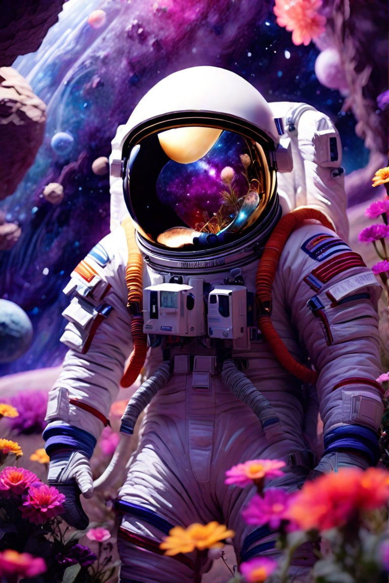 an astronaut is standing in the middle of a field full of flowers and space rocks with his helmet on,outer space