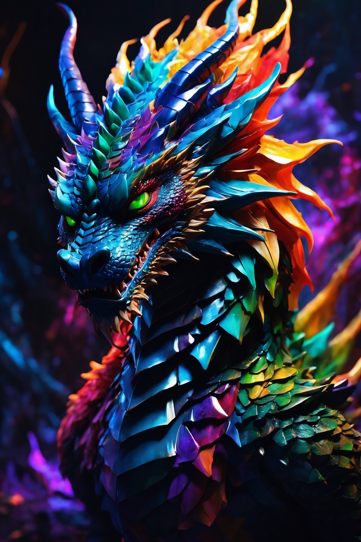 AiArtV, Dragon, (best quality, 8K, highres, masterpiece), ultra-detailed, (photorealistic, cinematic), illustration painting of a luminous and enchanting bad guy undead/human-like creature with vibrant and dynamic anime-style colors. The creature, with dark, colorful hair, strikes a dynamic pose in a brilliantly lit fantasy realm environment filled with a kaleidoscope of colors. The mid-shot composition and rule of thirds depth of field emphasize intricate details, creating a fantastical realm that bursts with subtle and vibrant colors. The use of light particles enhances the scene's grandeur and awe, making it a stunning visual masterpiece in a double-exposure style. The strong outlines contribute to the scene's cinematic feel, creating a super colorful and visually captivating narrative