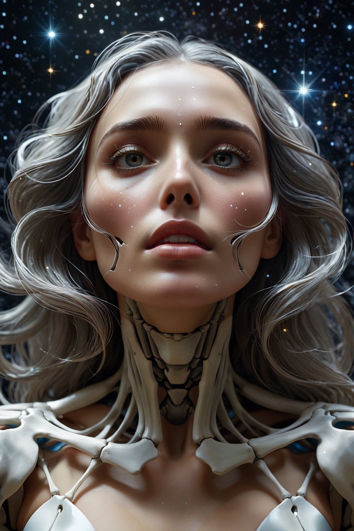 (best quality,8K,highres,masterpiece), ultra-detailed, featuring a woman with her face obscured by a grey square, set against a cosmic, star-filled background. The woman appears to be wearing or integrated with an intricate skeletal structure that is white and somewhat luminescent. The cosmic backdrop bathes the scene in a mesmerizing array of stars and galaxies, creating a sense of vastness and wonder. The obscured face adds an air of mystery and intrigue, inviting viewers to ponder the hidden depths of the character's identity. Meanwhile, the intricate skeletal structure adds a touch of ethereal beauty and symbolism, hinting at themes of mortality, transformation, and the interconnectedness of all things. This artwork is a captivating exploration of the human form amidst the cosmic expanse, blending elements of mystery, beauty, and cosmic wonder.