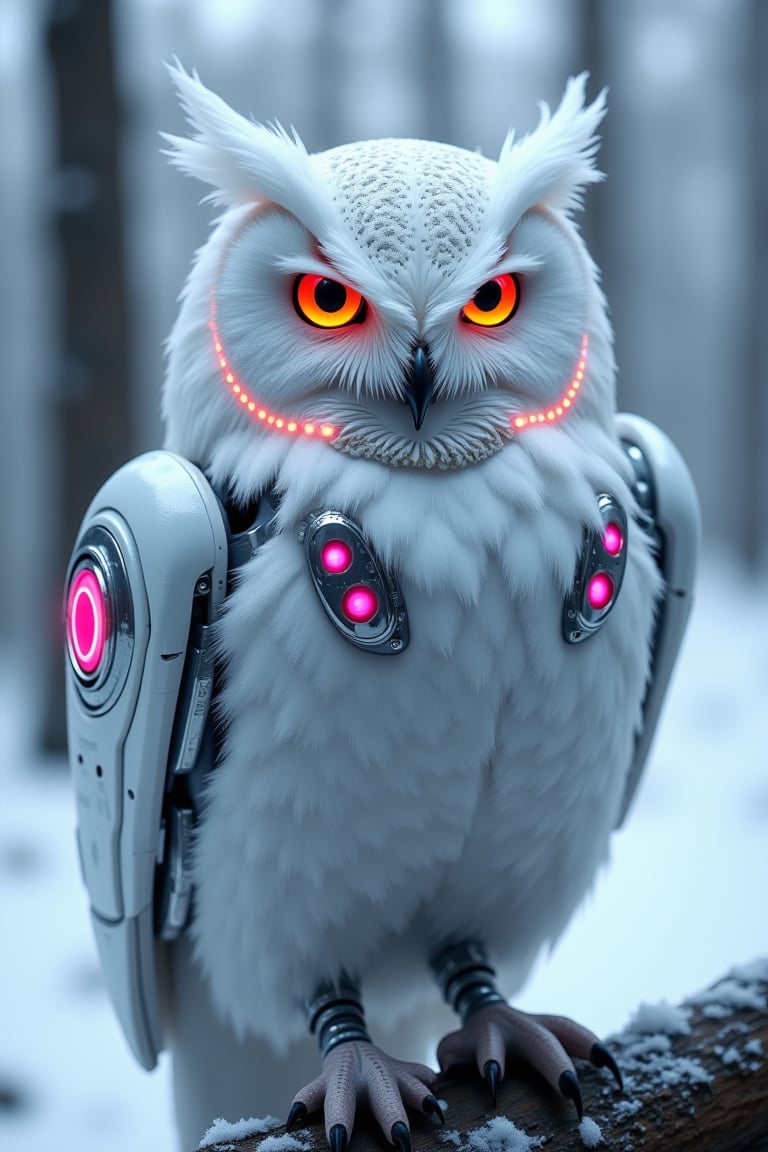 A futuristic owl with a combination of natural feathers and robotic enhancements perches on a snow-covered branch. The owl's white feathers blend seamlessly with metallic plates, adorned with glowing pink accents. Bright, orange-red eyes glisten with an intelligent, almost otherworldly aura. The detailed texture of the robotic components contrasts with the softness of the feathers. In the background, an out-of-focus wintry landscape provides a cold, serene ambiance, enhancing the owl's striking appearance.