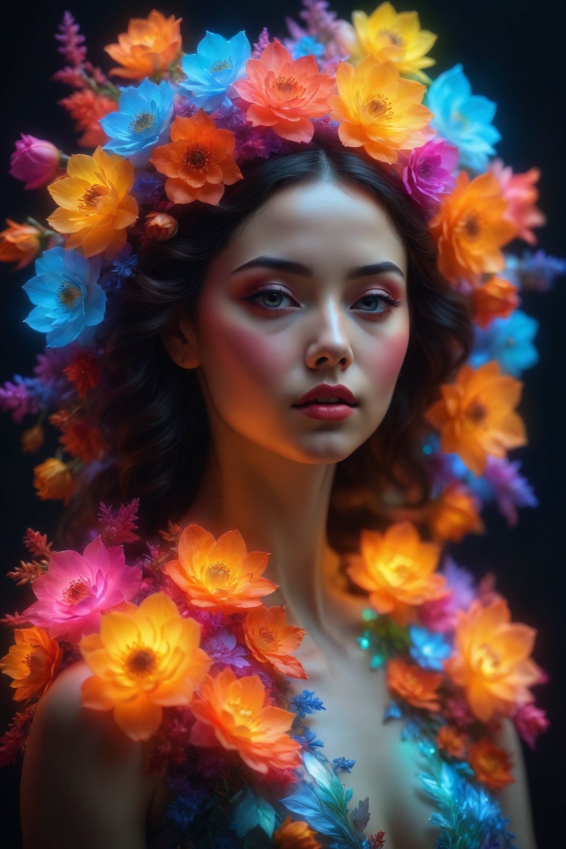 (best quality,8K,highres,masterpiece), ultra-detailed, (woman made of flowers),a woman composed entirely of vibrant flowers, illuminated by a neon glow that casts a colorful aura around her. Each petal and bloom is meticulously arranged to form her graceful figure, creating a mesmerizing and ethereal presence. The neon glow adds a futuristic and dynamic touch to the floral composition, enhancing the vivid colors and bringing the scene to life in a burst of radiant light.