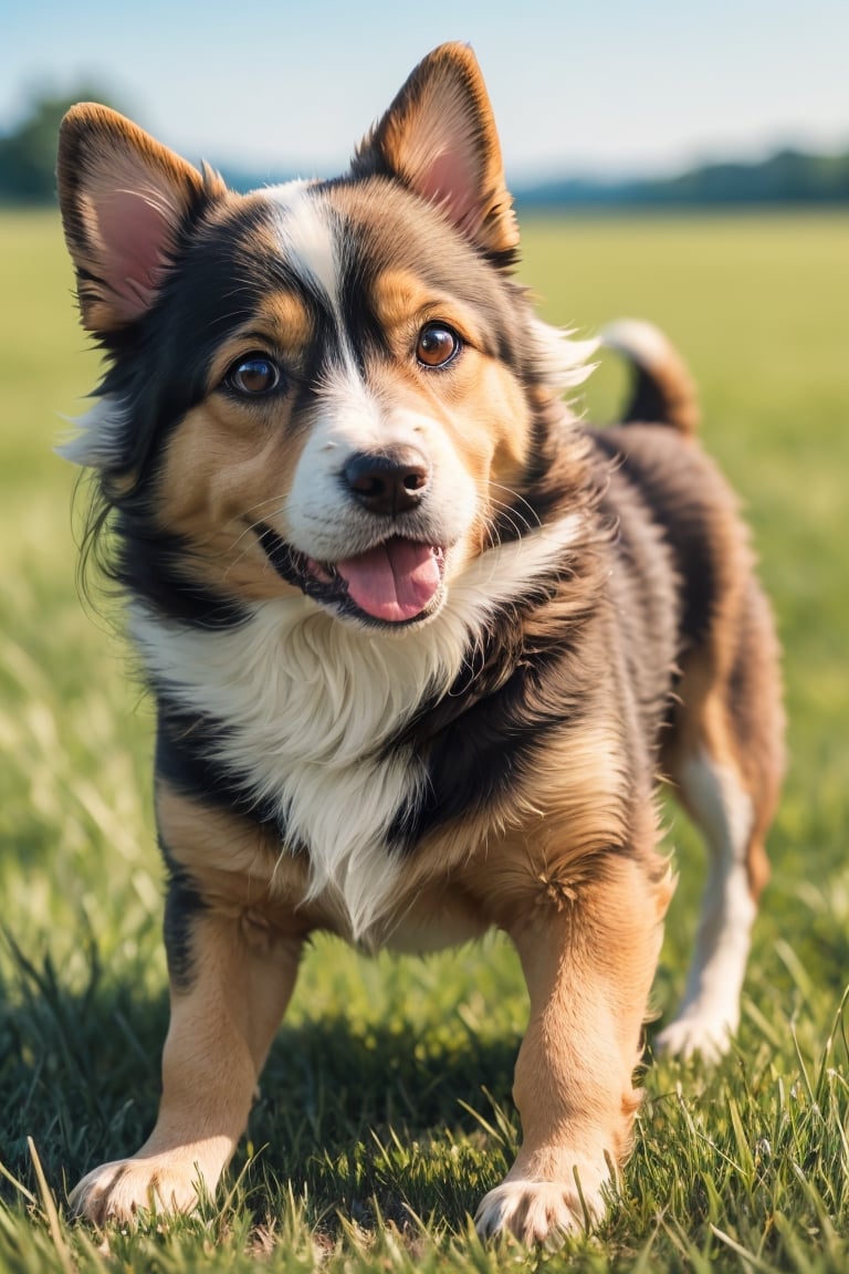 (best quality, 4k, 8k, highres, masterpiece:1.2), ultra-detailed, (realistic, photorealistic, photo-realistic:1.37), dog, pet, adorable, cute, lively, friendly, playful, doggy eyes, fluffy fur, happy expression, small size, curled tail, pointy ears, puppy, paws, snout, puppy breath, chubby cheeks, wagging tail, soft nose, puppy love, warm-hearted, loyal companion, joyful, fun-loving, running in the meadow, grass, beautiful sunny day, family pet, symbol of happiness, portrait style, vivid colors, shades of brown, bokeh lighting.