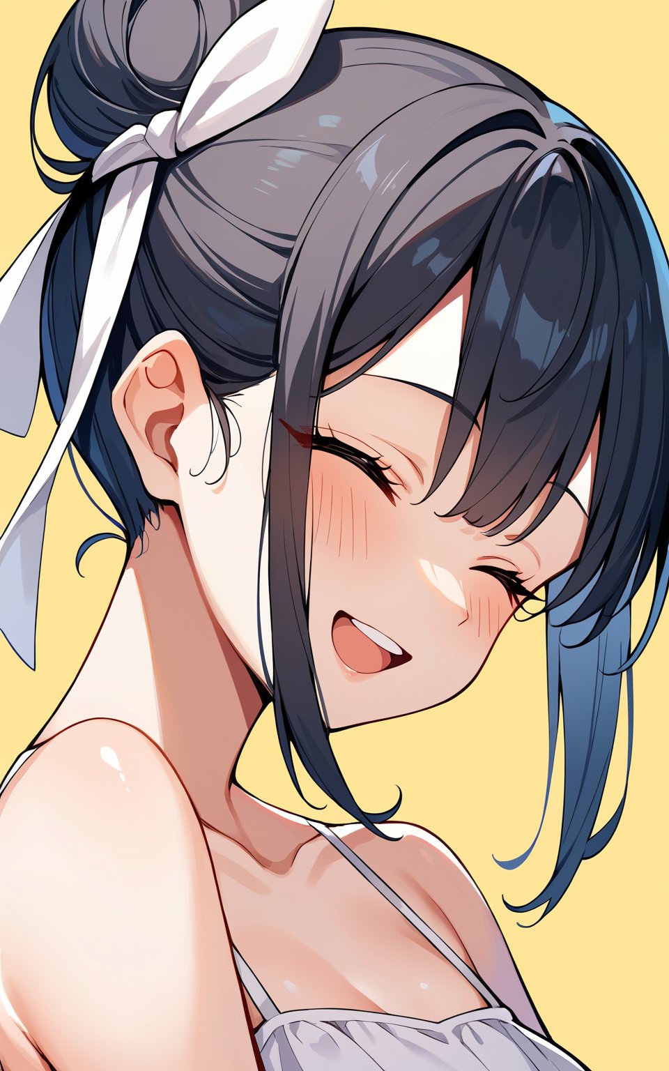 score_9,score_8_up,score_7_up, 1girl,blush,smile,open mouth,simple background,black hair,ribbon,bare shoulders,closed eyes,hair ribbon,upper body,teeth,hair bun,from side,^_^,single hair bun,white ribbon,yellow background
