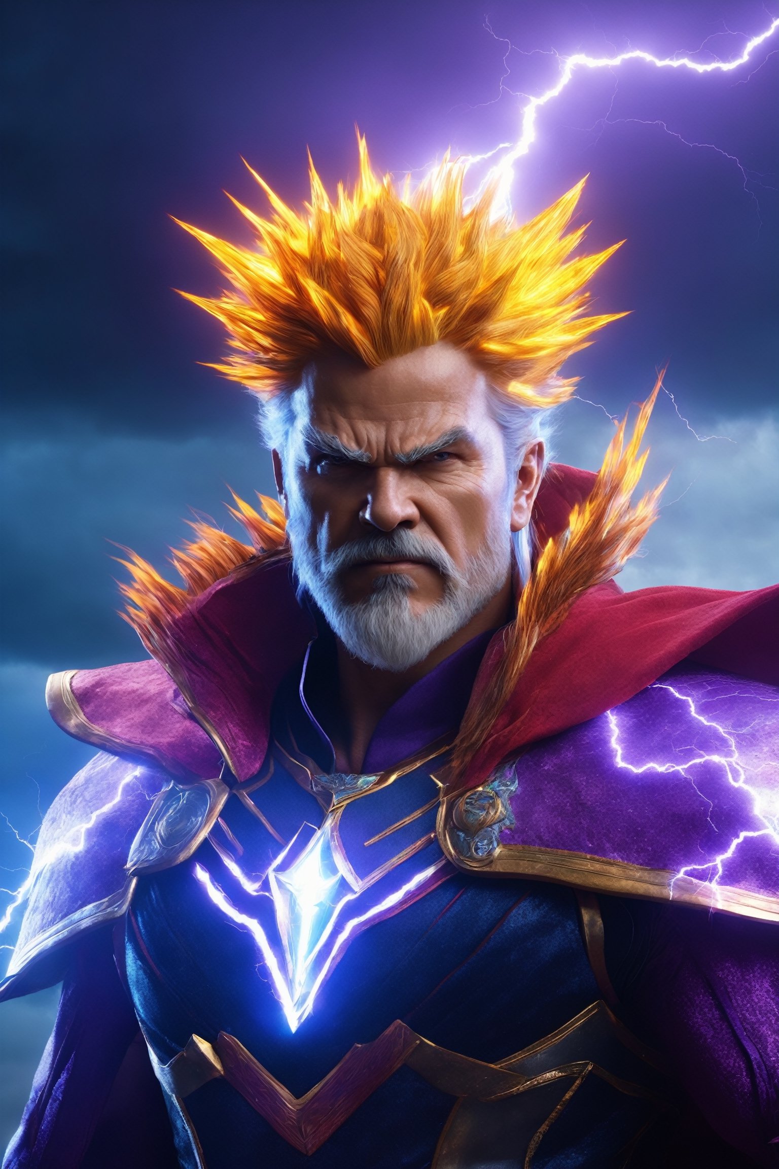 (best quality, UHD, ultra-detailed, masterpiece), (ultra-realistic, photorealistic), A breathtaking UHD portrait depicting the imposing Thunder God, his electrifying lightning strikes illuminating the sky in vibrant violet and cyan hues. Rendered with the precision of the Luminous Studio graphics engine and the brilliance of Octane render, the scene is enveloped in a cloudy haze, with fiery embers dancing around his thunderous crown.