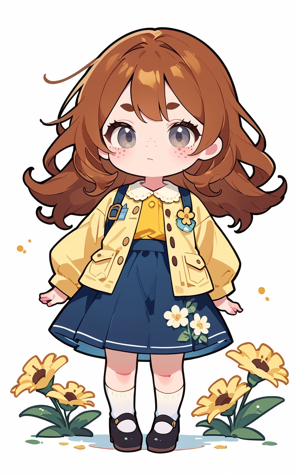 score_9,score_8_up,score_7_up, chibi, chibi style, 1girl,long hair,looking at viewer,blush,skirt,simple background,brown hair,shirt,long sleeves,white background,closed mouth,standing,full body,flower,shoes,socks,bag,black footwear,blue skirt,grey eyes,floral print,white socks,mary janes,freckles,yellow shirt,yellow flower