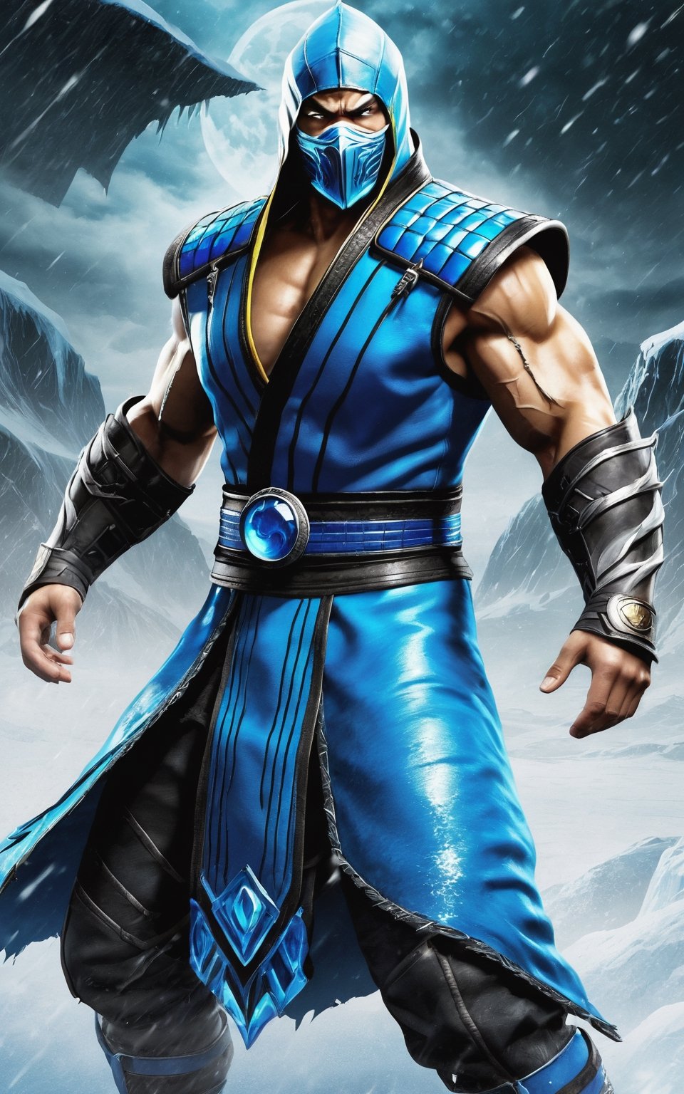 (best quality,8K,highres,masterpiece), ultra-detailed, (Subzero from Mortal Kombat splash art), Subzero from Mortal Kombat in a splash art format. He possesses a lean and slim body, with a skull face that exudes an aura of terror. His cold, dull, lifeless eyes pierce through the viewer, instilling fear and dread. The wide landscape view adds to the epic scale of the scene, showcasing Subzero's formidable presence against the backdrop of a frozen and desolate landscape. The overall composition is chilling and menacing, capturing the essence of Subzero as a very scary character.