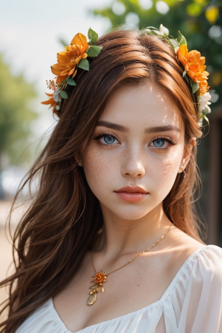 (best quality, 4k, 8k, highres, masterpiece:1.2), ultra-detailed, (realistic, photorealistic, photo-realistic:1.37), hyper realistic, 1girl,long hair,looking at viewer,blue eyes,hair ornament,long sleeves,dress,very long hair,flower,red hair,parted lips,necklace,white dress,orange hair,lips,blurry background,freckles,realistic,head wreath,orange flower