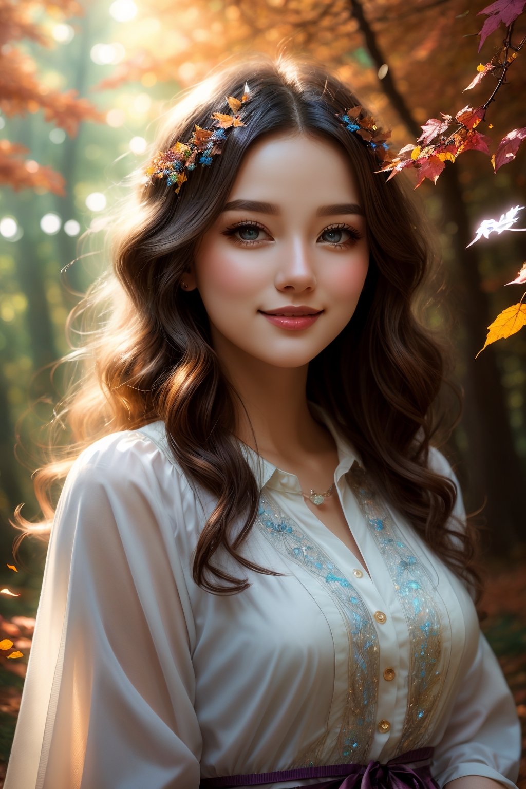 best quality,ultra-detailed,realistic,photorealistic:1.37,portrait,beautiful curvy woman,beautiful detailed eyes,beautiful detailed lips,wavy hair,wearing lovely autumn dress,cute smile,surrounded by a mystical forest,walking towards the camera,magical aura,whimsical,colorful autumn leaves,floating in the air,gentle breeze,rays of sunlight peeping through the trees,soft dappled light,peaceful atmosphere,magical creatures,playing around,sparkling fairy dust,soft glow,x,y,z style painting,blending colors,vibrant hues,dreamlike scenery,Realism