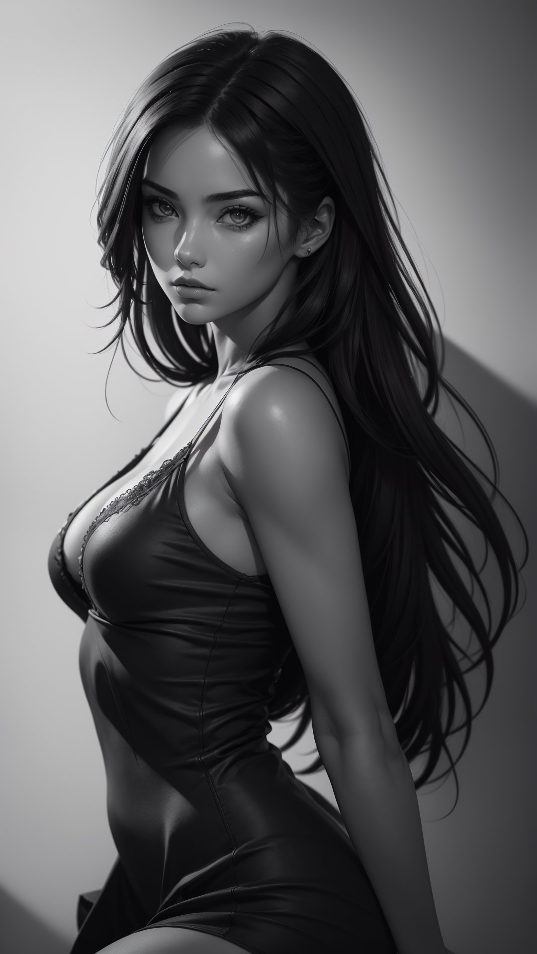 (best quality,4k,8k,highres,masterpiece:1.2),ultra-detailed,realistic,sexy girl,body proportions,beautiful detailed eyes,beautiful detailed lips,flawless skin,gorgeous appearance,long flowing hair,fierce expression,powerful pose,charcoal sketch,high contrast,subtle shading,sensual atmosphere,black and white,soft lighting