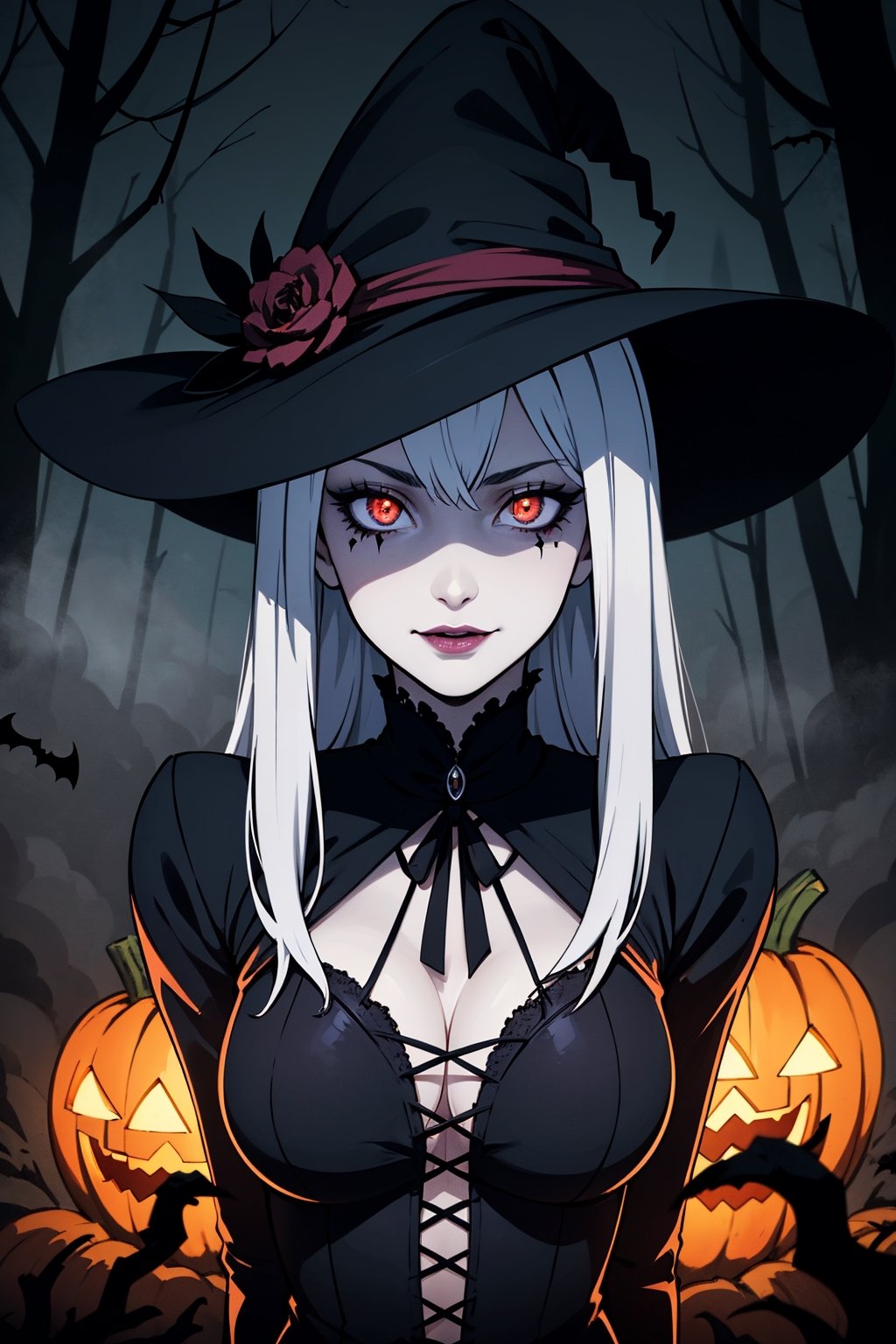 (best quality, highres:1.2), ultra-detailed, realistic:1.37, 4k resolution, anime girl, spooky, creepy look, Halloween makeup, dark background, glowing pumpkin, misty atmosphere, haunted forest, moonlit night, eerie shadows, mysterious aura, intense stare, gothic fashion, witch hat, black cat, supernatural powers, glowing eyes, spiderweb, bats flying, ghostly presence, pale skin, piercing gaze, mystical symbols, eerie lighting, enchanted atmosphere, creepy smile, witchcraft, hauntingly beautiful, magical girl, bone-chilling, macabre elegance, occult elements, ethereal beauty, unsettling aura, horrifying charm, otherworldly, sinister charm