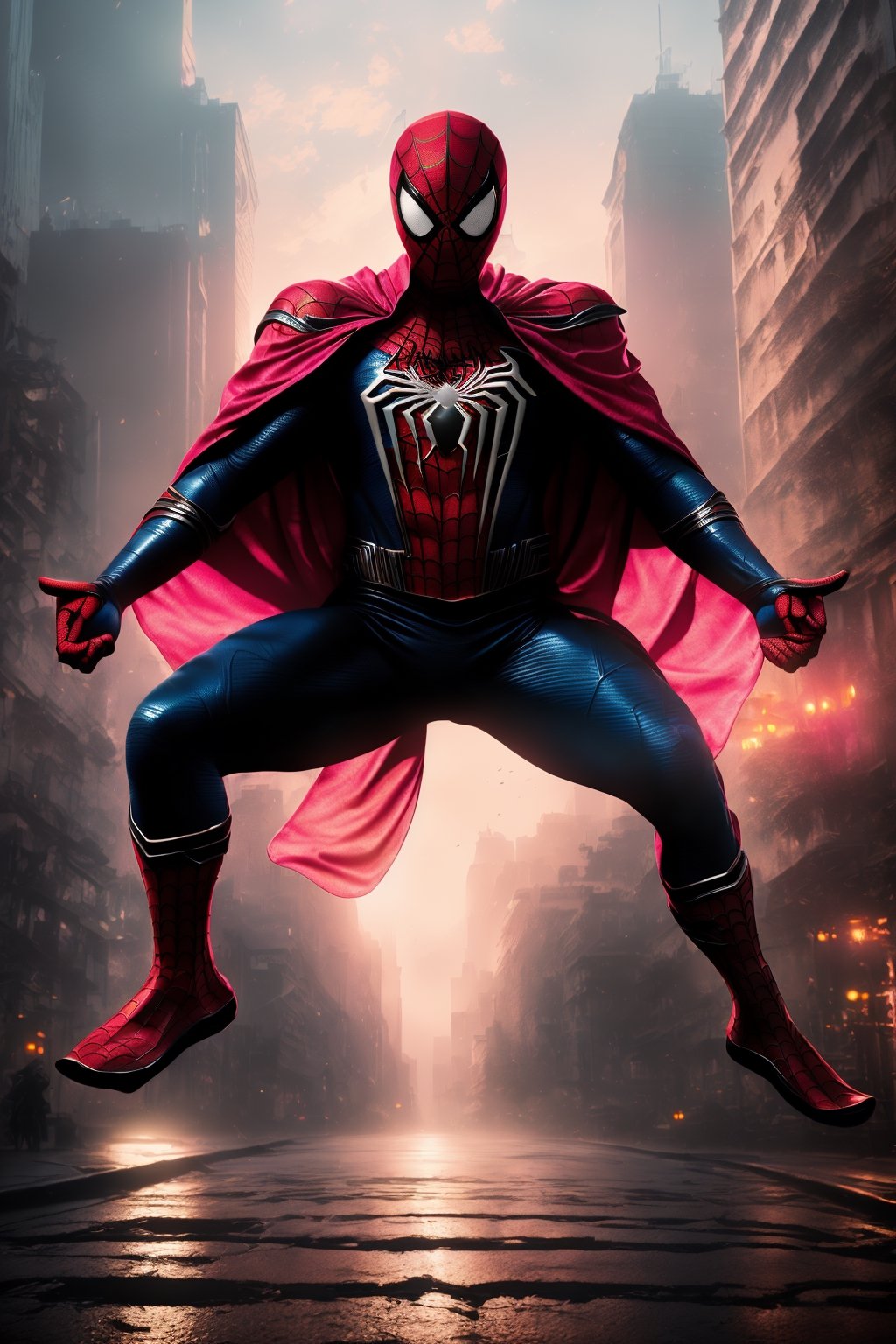 (Breathtaking 8K concept art), (Spiderman in a sleek Pink and Black armored suit, unmasked, with a flowing black cape:1.3), Against a detailed night cityscape, bathed in natural volumetric lighting, reminiscent of artistic visionaries like Greg Rutkowski, (A masterpiece trending on ArtStation:1.3).