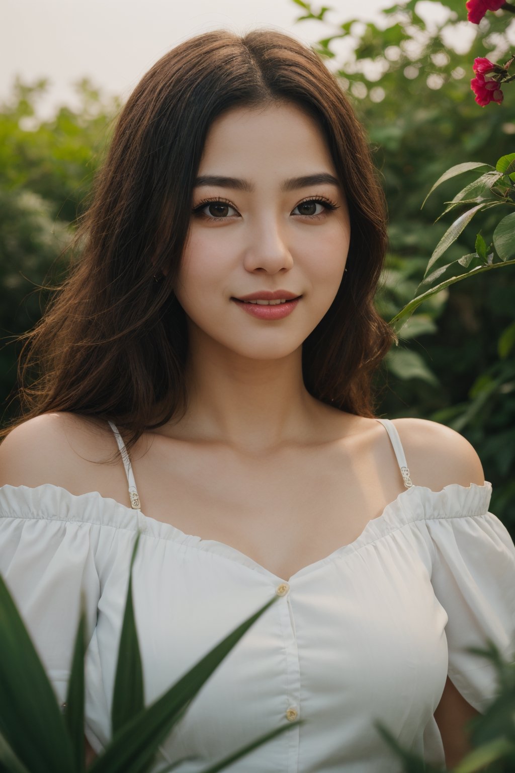 (best quality,4k,8k,highres,masterpiece:1.2),ultra-detailed,(realistic,photorealistic,photo-realistic:1.37),1Girl,cute smile,off-the-shoulders,cinematic lighting,beautiful detailed eyes,beautiful detailed lips,long eyelashes,soft natural light,korean traditional dress,flowy and vibrant colors,lush garden backdrop,lively flowers,gentle breeze,joyful expression,peaceful atmosphere,subtle color grading,serene and dreamy ambiance