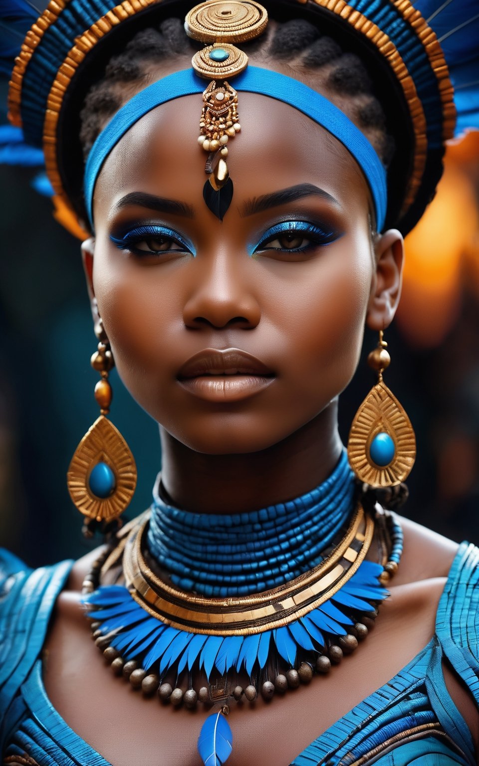 (best quality,8K,highres,masterpiece), ultra-detailed, (medium shot of the most beautiful African girl of the universe), a stunning African girl with a tribal and wild aesthetic. Her skin has a black coal texture surface, adding to her natural beauty and uniqueness. She wears futuristic leather armor and traditional tribal clothes, adorned with intricate tribal necklaces and vibrant blue feathers. The medium shot captures her striking features and powerful presence, showcasing her as the epitome of beauty and strength. Feel free to add your own creative touches to enhance the tribal and futuristic elements, as well as the overall beauty of this captivating portrayal.