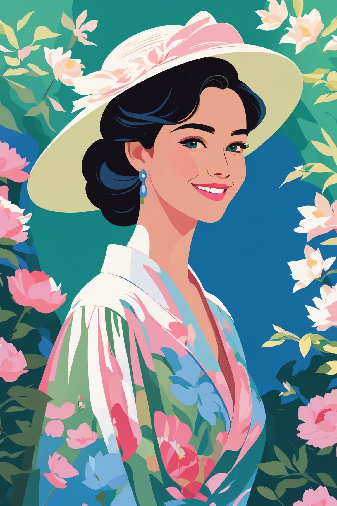 shadow flat vector art, masterpiece, 8k, highest quality, woman wearing qingfashion, portrait, sweet smile, spring flowers, blue green and pink