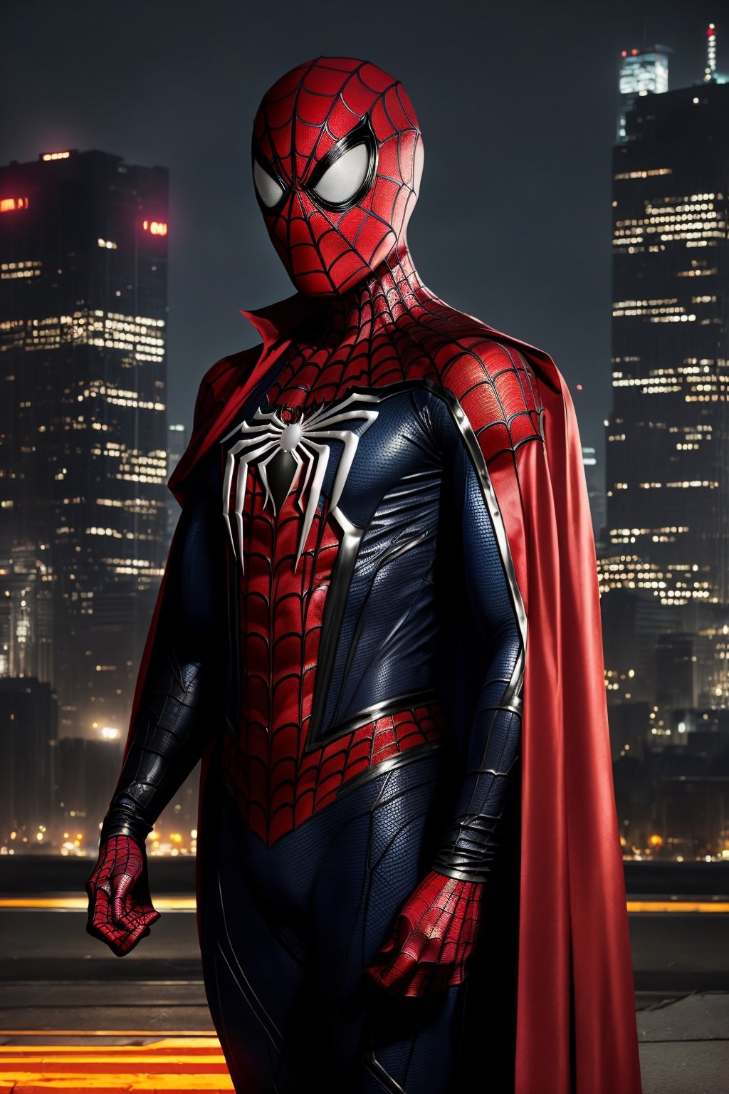 A breathtaking 8K photorealistic concept art masterpiece, (Spiderman in a striking black and red suit, unmasked, with a crimson cape billowing gracefully:1.3), Against a highly detailed night cityscape, captured with perfect composition and sharp focus, (A cinematic vision of artistry:1.3), Bathed in soft, natural volumetric lighting, the chiaroscuro effect enhancing the intricate details of the suit, (A true award-winning photograph:1.3)