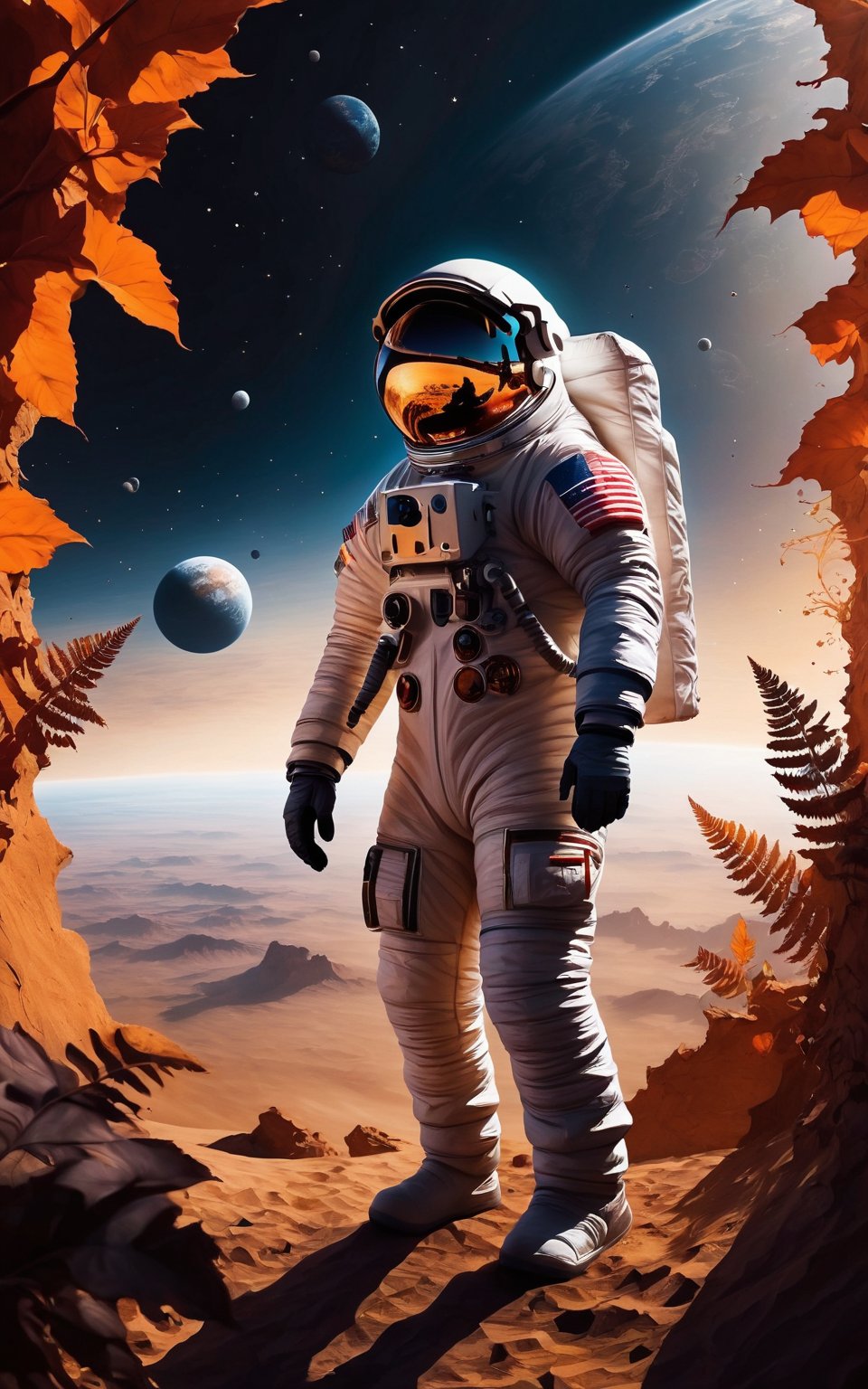 (best quality,highres,masterpiece:1.2),ultra-detailed,An astronaut in an orange astronaut outfit, standing against a sunset background. The astronaut is positioned front facing and is shown from the waist up. The sunset provides a warm and vibrant color palette. The scene is surrounded by lush plants, adding a touch of nature to the composition. The image quality is top-notch and high-resolution, with ultra-detailed features. The style of the artwork is realistic, with vivid colors and professional craftsmanship. The lighting accentuates the astronaut's figure, creating a captivating atmosphere