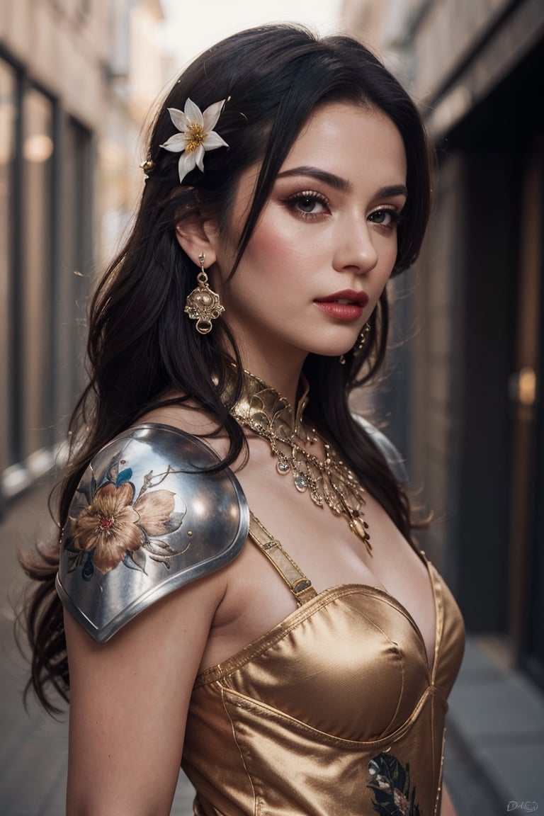 (best quality,8K,highres,masterpiece), ultra-detailed, 1girl,solo,long hair,looking at viewer,brown hair,hair ornament,dress,jewelry,flower,earrings,hair flower,armor,lips,floral print,shoulder armor,realistic