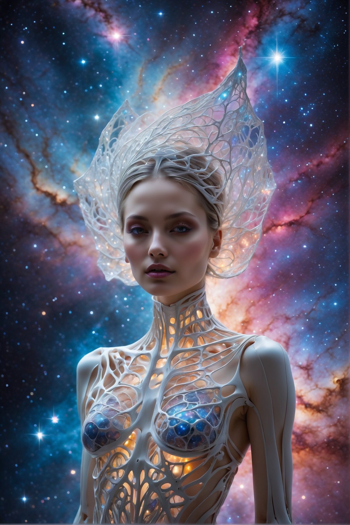 (best quality,8K,highres,masterpiece), ultra-detailed, featuring a woman with her face obscured by a grey square, set against a cosmic, star-filled background. The woman appears to be wearing or integrated with an intricate skeletal structure that is white and somewhat luminescent. The cosmic backdrop bathes the scene in a mesmerizing array of stars and galaxies, creating a sense of vastness and wonder. The obscured face adds an air of mystery and intrigue, inviting viewers to ponder the hidden depths of the character's identity. Meanwhile, the intricate skeletal structure adds a touch of ethereal beauty and symbolism, hinting at themes of mortality, transformation, and the interconnectedness of all things. This artwork is a captivating exploration of the human form amidst the cosmic expanse, blending elements of mystery, beauty, and cosmic wonder.