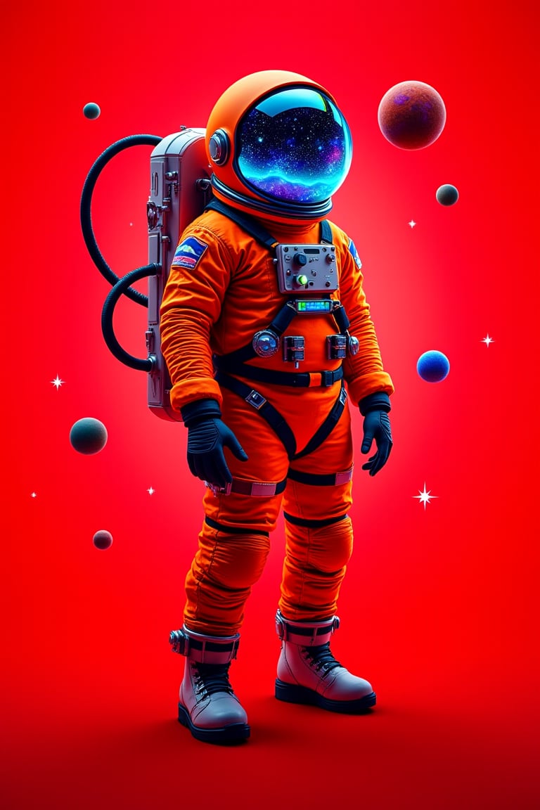 An astronaut clad in a vibrant orange spacesuit stands against a bright red background. The helmet, reflecting cosmic scenes, glows with blue and green highlights. Surrounding the astronaut are floating planets and stars emitting a luminous aura. The suit is detailed with tubing, gadgets, and metallic accents, creating a futuristic appearance. The dynamic, otherworldly atmosphere adds a sense of adventure and exploration.