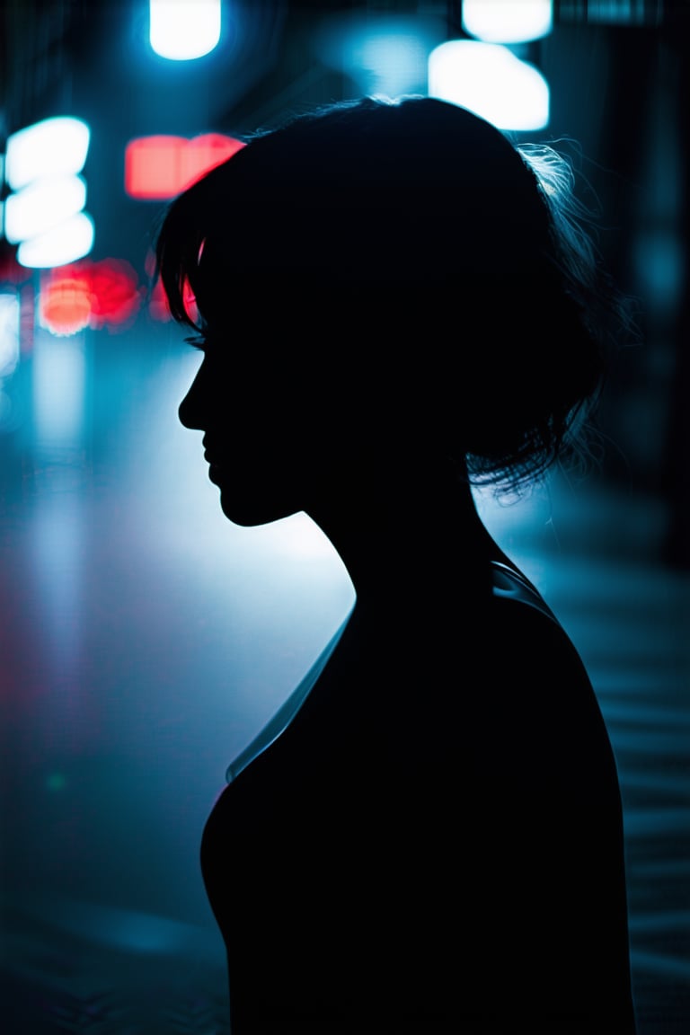 best quality, 4K, 8K, high-resolution, masterpiece, ultra-detailed, photorealistic,  a woman is silhouetted in front of a dark background with lots of light coming from the street lights, short hair, black hair, 1boy, male focus, blurry, depth of field, realistic, dark