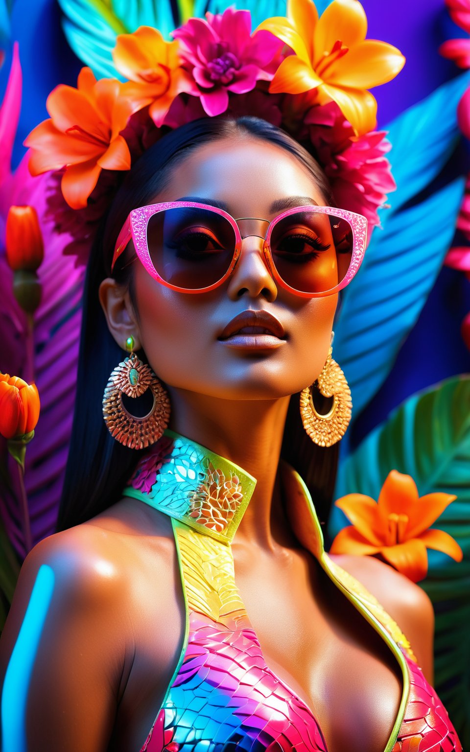 (3D depth effect photography, ultra-high resolution, masterpiece, photorealistic, intricate details), portrait of an exotic woman wearing sunglasses, surrounded by vibrant flowers, neon color palette, glowing and reflective elements, dynamic and immersive composition, vivid and bold colors, futuristic and stylish atmosphere, soft and dreamy lighting, sharp and clear details, modern and edgy aesthetic, high contrast between light and shadows, eye-catching and vibrant background, elegant and captivating expression.