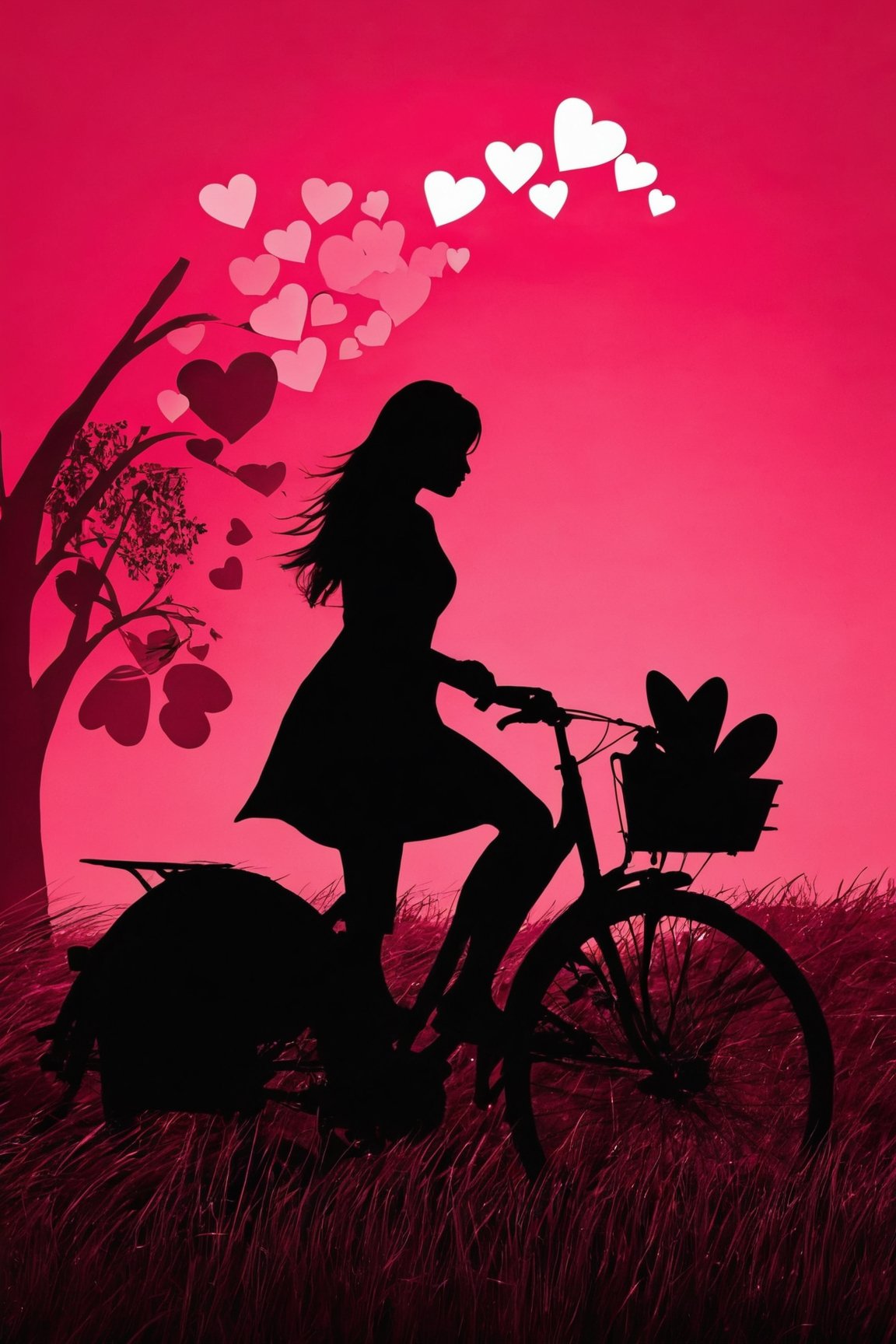 AiArtV, Valentines Day, 1girl, solo, long hair, standing, monochrome, heart, grass, ground vehicle, silhouette, pink theme, bicycle