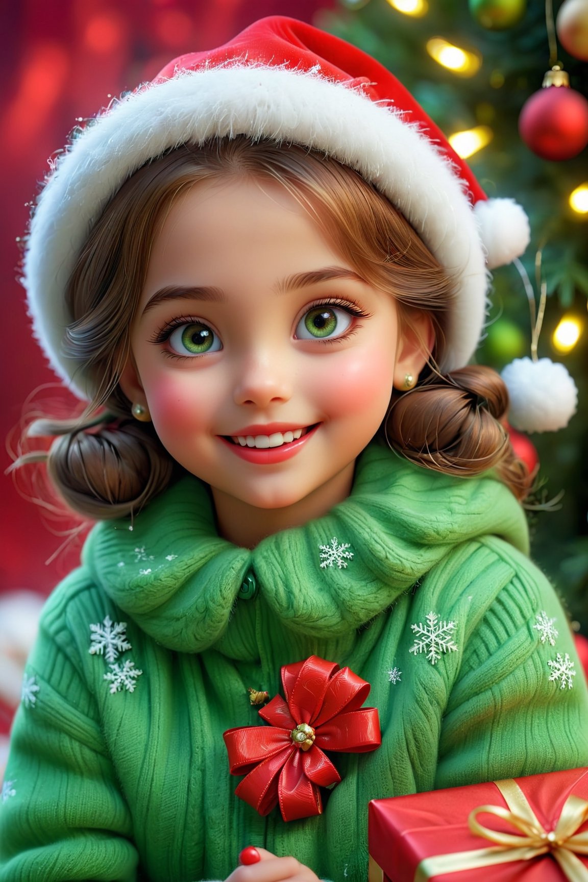 (best quality, 4k, 8k, highres, masterpiece:1.2), ultra-detailed, (realistic, photorealistic, photo-realistic:1.37), cute little girl, cute smile, beautiful detailed eyes, beautiful detailed lips, long eyelashes, portrait, Christmas background, soft lighting, playful expression, red and green color palette, cozy atmosphere, happy mood, warm clothing, decorative ornaments, sparkling snowflakes, joyful celebration, vibrant colors, happy holiday vibes