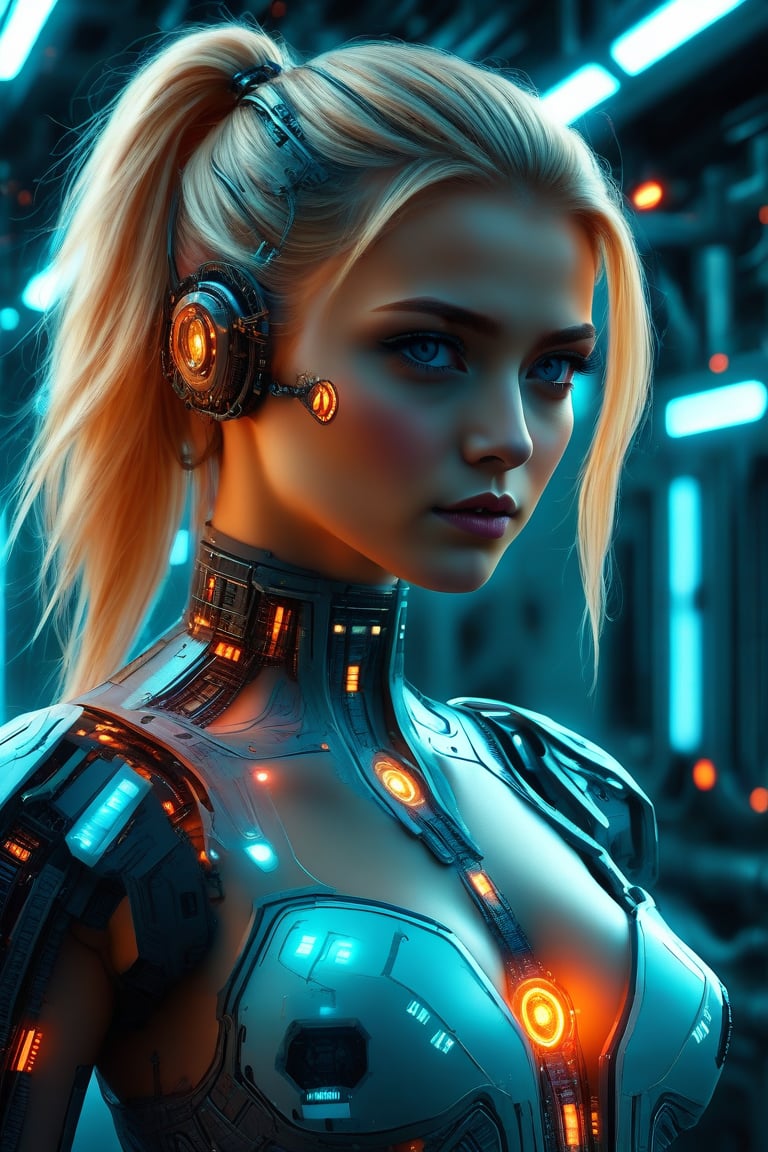 A futuristic, cinematic close-up of a female android with a transparent, illuminated body, showcasing intricate mechanical and glowing circuitry. The android has a serious expression, and her blonde hair is styled loosely. The scene is set in a dark, industrial environment with cool blue and orange lighting, emphasizing the glowing inner components and the high-tech, cybernetic design.