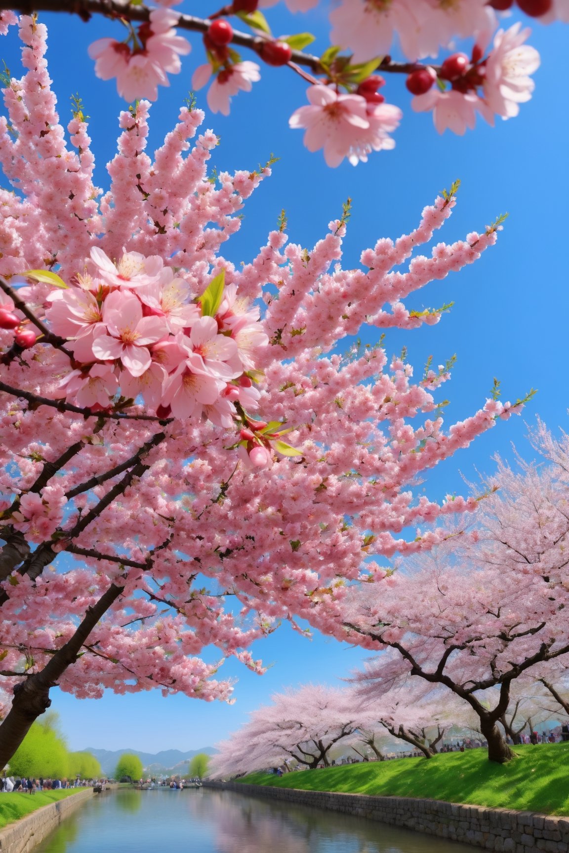 (best quality,4k,8k,highres,masterpiece:1.2),ultra-detailed,(realistic,photorealistic,photo-realistic:1.37),cherry tree,cherry flower,close up,macro photography,beautiful delicate cherry blossoms,vibrant pink petals,fragrant scent of cherry blossoms,subtle play of light and shadow on the tree branches,soft sunlight filtering through the cherry blossoms,captivating beauty of nature in full bloom,springtime serenity,peaceful atmosphere under the cherry tree,blossoming branches reaching towards the sky,fresh green leaves juxtaposed with the vibrant pink flowers,delicate details of the cherry petals,small insects buzzing around the flowers,pollen gently carried by the breeze,bees collecting nectar from the cherry blossoms,up-close view of the intricate flower structure,petals gently swaying in the wind,immersive experience of being surrounded by cherry blossoms,every petal showcasing its unique beauty,ethereal and dreamlike ambiance,refreshing and rejuvenating natural scene.