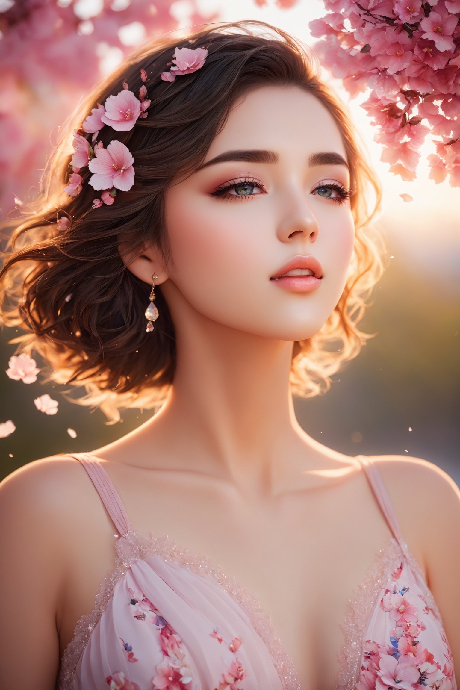 best quality,ultra-detailed,highres,realistic,extremely detailed eyes and face,beautiful detailed eyes,beautiful detailed lips, longeyelashes,1girl,short-hair,hair fluttering in the wind,facing to the side,look up at your face,eyes closed,(sleeveless:1.1),skirt,D cup breasts,countless petals are falling,portraits,vivid colors,soft lighting,bokeh