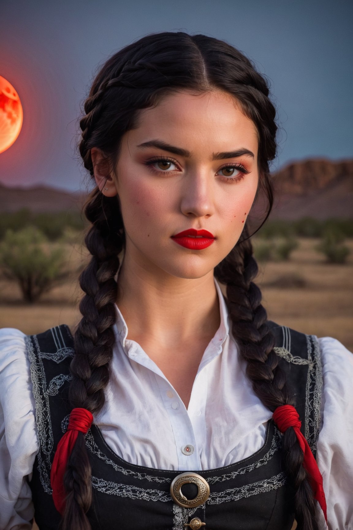 (23-year-old woman), (determined face), (red lips), (black hair braided to the side), (period clothes), (cowboy hat), (blood moon in the background).